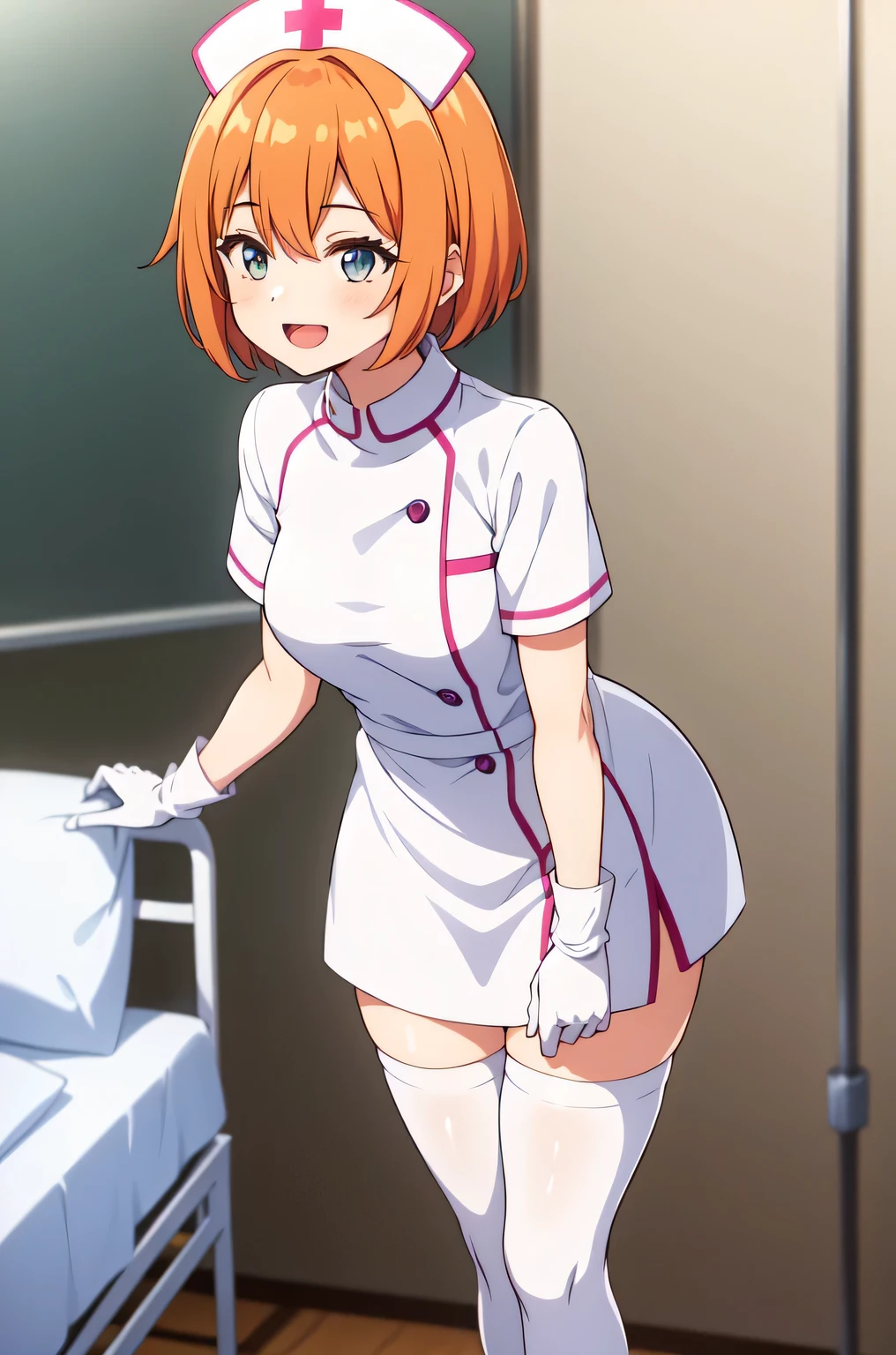 1girl, solo, nurse, nurse cap, white nurse uniform, ((white legwear, zettai ryouiki)), white gloves, very short hair, orange hair, smile, open mouth, standing, ((hospital room)), sharp outline, short sleeves, tomboy, boyish, best quality, masterpiece