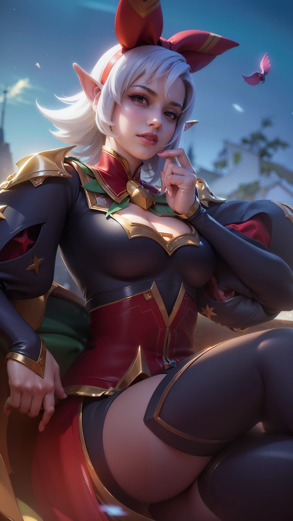 (female:1.2), 8k, ultra hd, ultra detailed texture, hyper realistic, masterpiece, detailed texture, detailed face, detailed skin, detailed lighting, (photorealistic:1.5), best quality, beautiful lighting, cinematic lighting, professional lighting, ultra highres, realistic, detailed hair, real hair, high quality, (realskin:1.5), extremely detailed, finely detail, ultra-detailed, 1girl, solo, floating, (yellow eyes), glowing eyes, red lips, v-shapped eyes, closed mouth, angry, colored skin, dark skin, purple skin, nose, pretty, beautiful, make up, evil smile, short hair, white hair bangs, large breasts, thigh, pauldrons, black pants, belt, purple coat, mechanical wings, armor shoulder, gloves, eudora \(mobile legends\), depth of field, looking aways, skin tight, amazing pose, glowing electric, lighting, cinematic background, elf ear