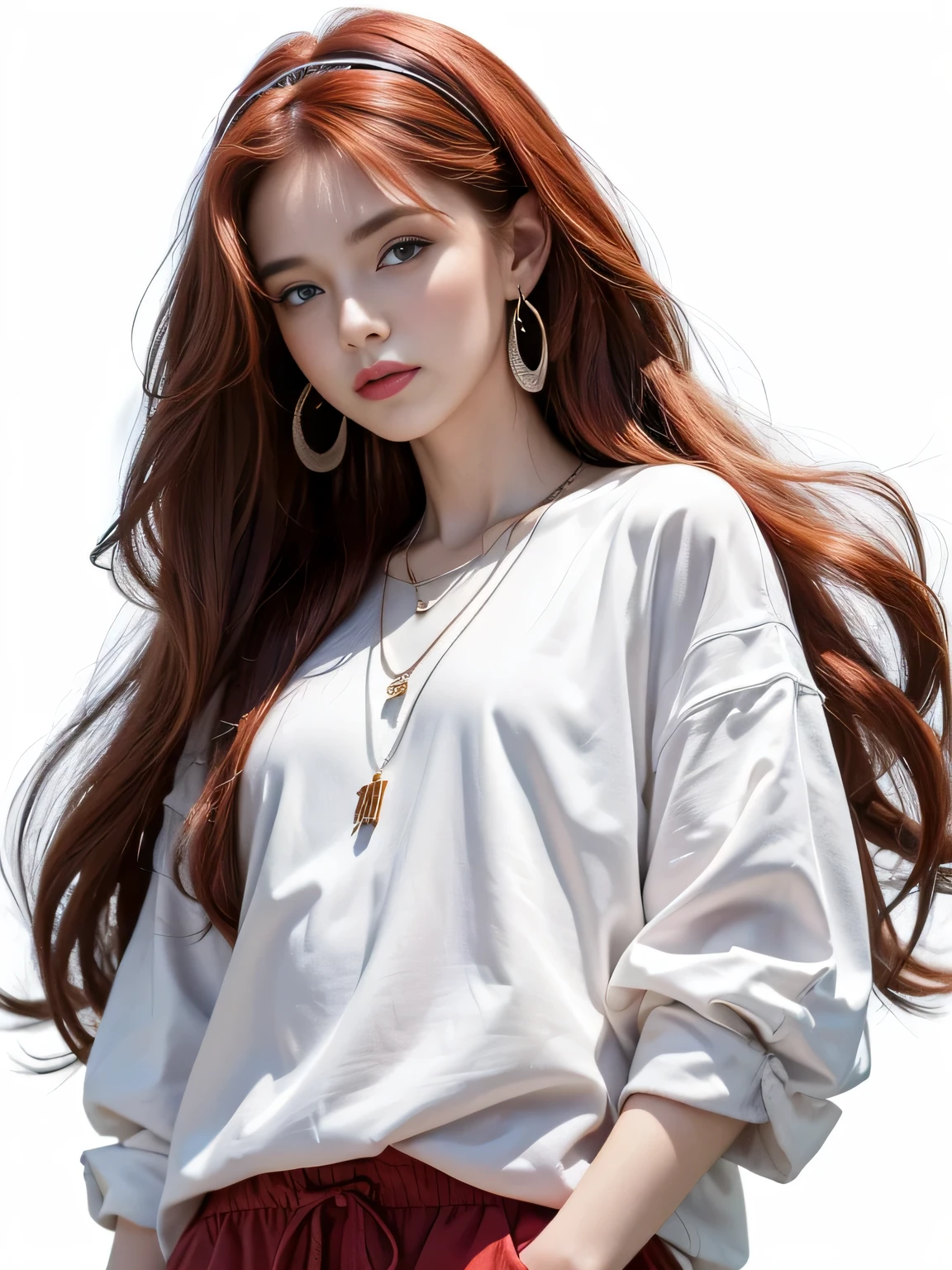 (8K, highest quality, High resolution, masterpiece :1.3), (white background), stylish, hisense, fashion, The contour is the length of the surface, eyes are long, red hair, hair band, oversized clothes, baggy clothes, Upper body, necklace, earrings, graphic design, take a pose