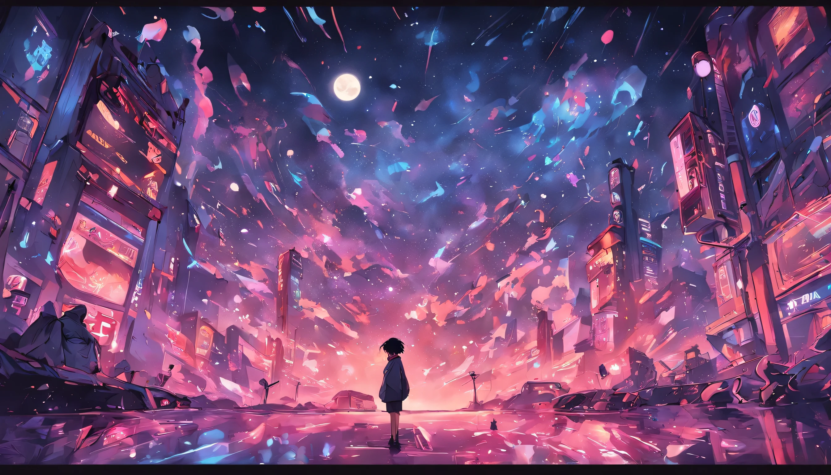 Beautiful night scene poster, Super realistic details, mysterious art style, Inspired by NEVERCREW, Super vivid and intense MCBESS, Inspired by Tim Biskup, digital illustration, by Justin Gerrard, pastel colors, light particles, best quality, energetic