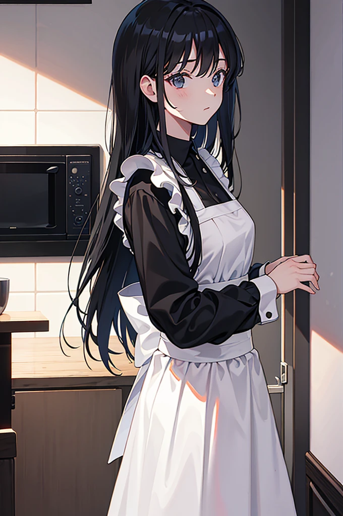 long hair, black hair, black eyes, maid uniform, standing, Straight Face, Fair skin, indoors, kitchen, from side, 1990s (style), --niji 5  --ar 2:3 --s 100