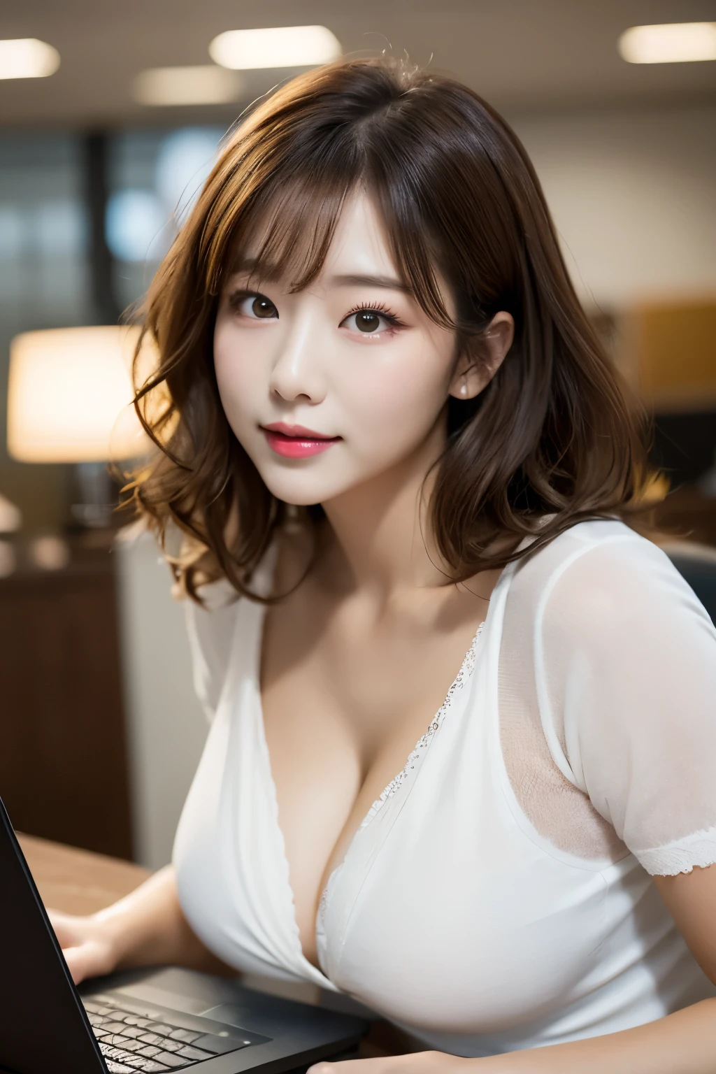 1 girl, light brown hair, long nose, thick lips, curly hair, office lady, office, wavy hair, Laptop, sitting, File, File cabinet, machine,
masterpiece, highest quality, Complex, Depth of the bounds written, ultra high resolution、16K、perfect lighting