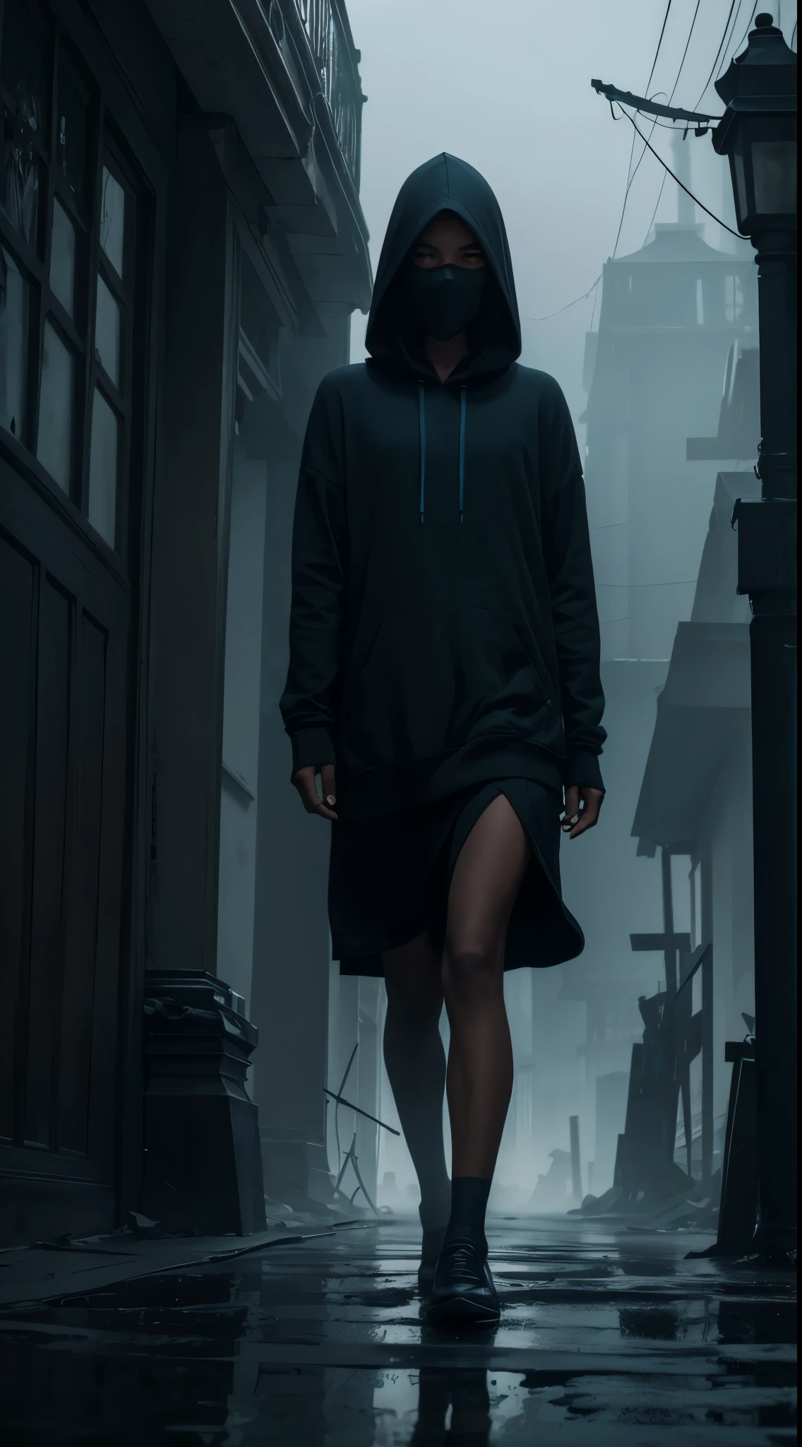 In the dim light of a foggy evening, a mysterious figure stands at the edge of a desolate urban street. Confident yet enigmatic, their gaze is concealed beneath the shadow of a hood from their blue and black hoodie sweater. The sweater is remarkable, adorned with intricate patterns that subtly shift, as though whispering a tale of their own. The blue is deep and mesmerizing, like the ocean at night, starkly contrasting against the dark black. Their face is partially hidden, enhancing their mysterious allure, with just enough visible to reveal a hint of a smirk or an untold secret. The only other visible feature is their eyes, which catch the light in such a way that they seem to glow, harboring untold stories and secrets. The backdrop merges urban decay with mystery; ancient, forsaken buildings stand in the background, their windows watching silently. A gentle mist dances around their feet, mingling with the shadows that appear to follow them. The lighting is moody and atmospheric, with the blue and black of their hoodie being the sole splash of color in an otherwise grayscale world. This scene is more than a portrait; it's an invitation into a story brimming with intrigue, secrets, and the allure of the unknown.