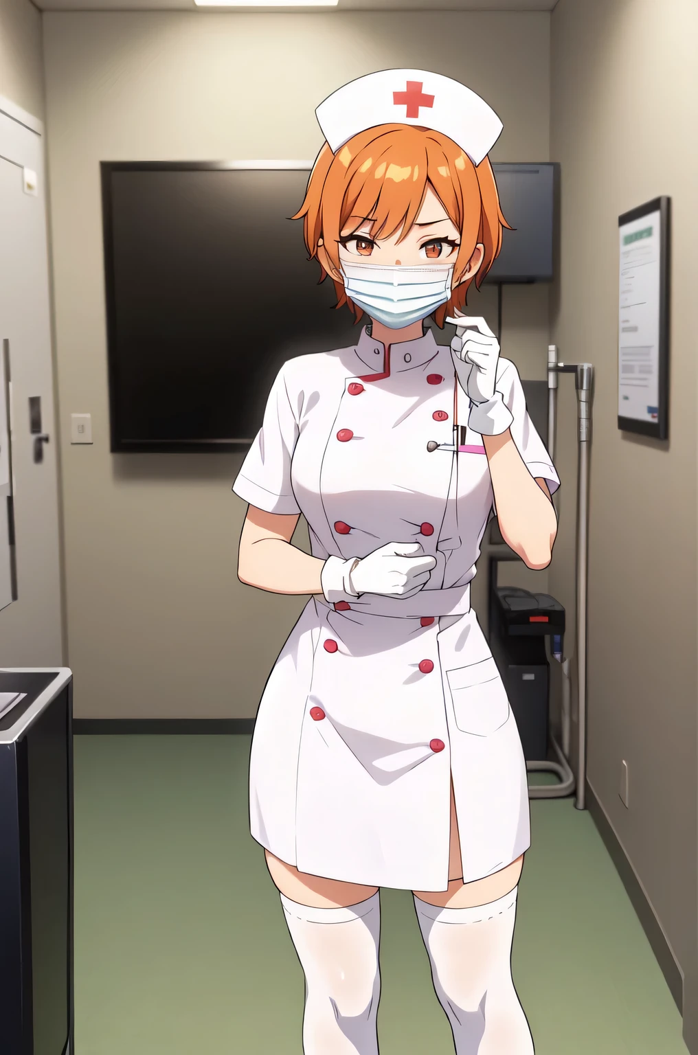 1girl, solo, nurse, nurse cap, white nurse uniform, ((white legwear, zettai ryouiki)), white gloves, very short hair, orange hair, ((white surgical mask, covered nose)), standing, ((hospital room)), sharp outline, short sleeves, tomboy, boyish, best quality, masterpiece