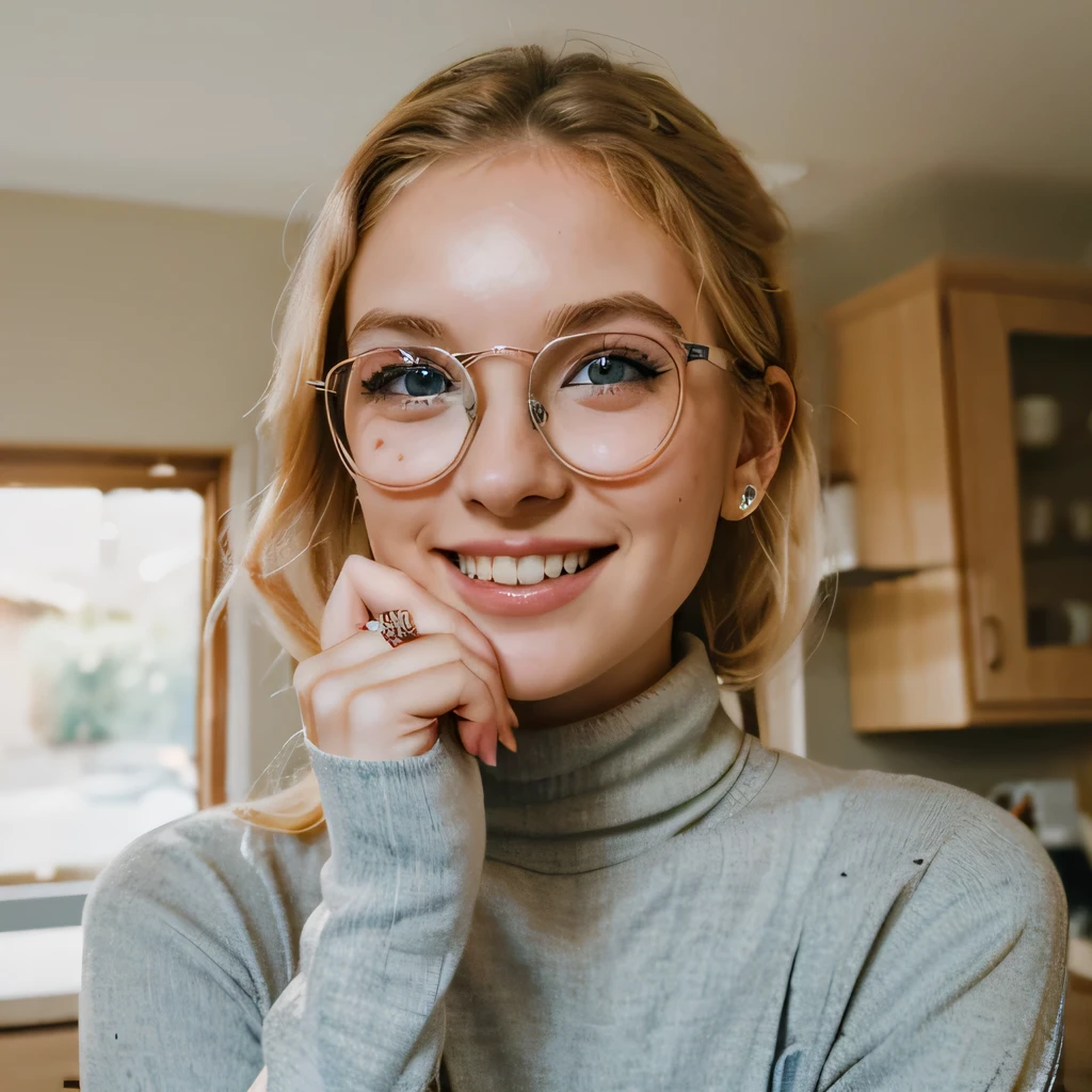 Blonde girl, 23 years old, blue eyes, freckles, American, heart shaped face, laughing, wedding ring, kitchen, turtleneck, thin eyeliner, thin glasses