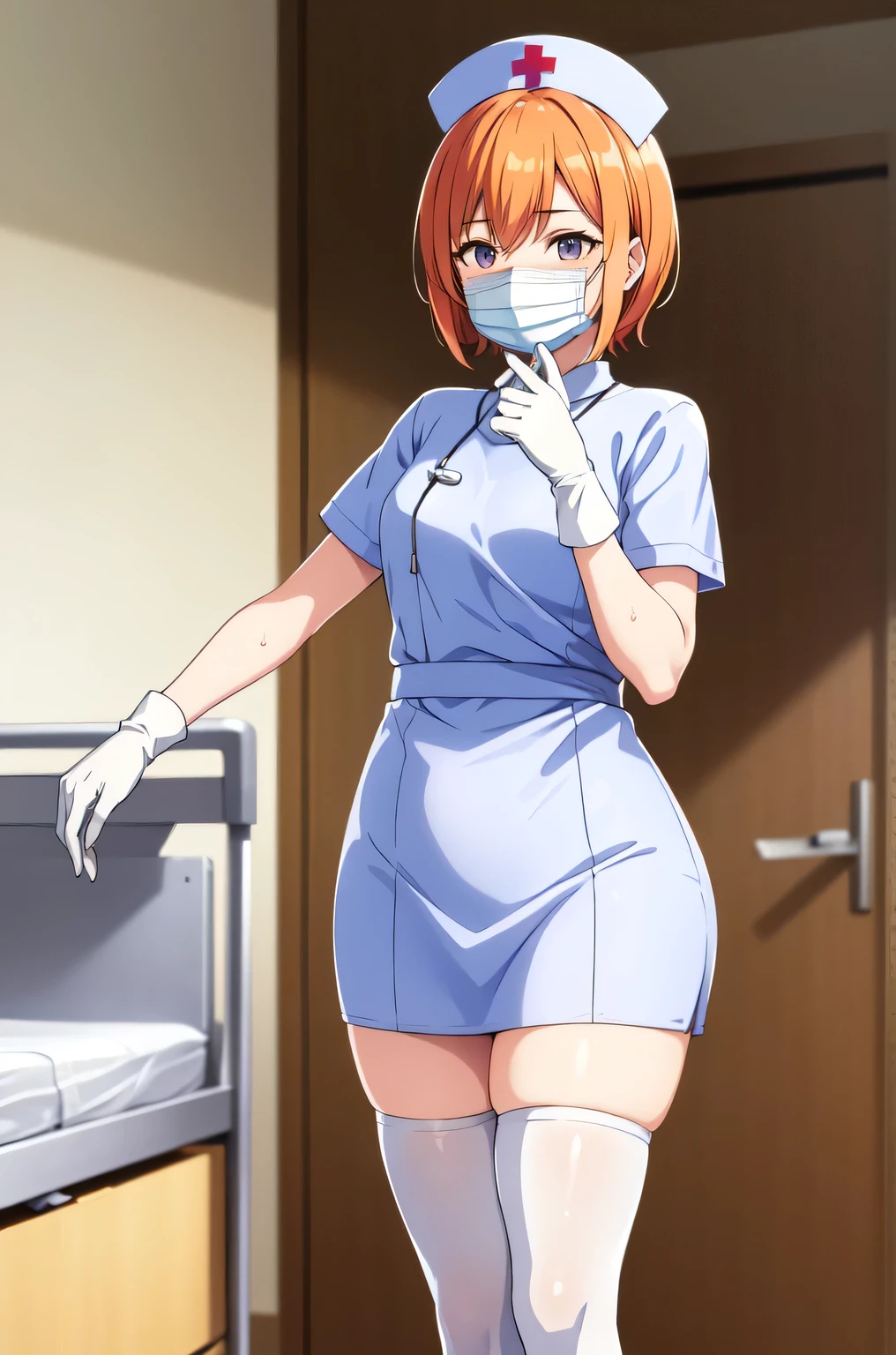 1girl, solo, nurse, nurse cap, white nurse uniform, ((white legwear, zettai ryouiki)), white gloves, very short hair, orange hair, ((white surgical mask, covered nose)), standing, ((hospital room)), sharp outline, short sleeves, tomboy, boyish, best quality, masterpiece