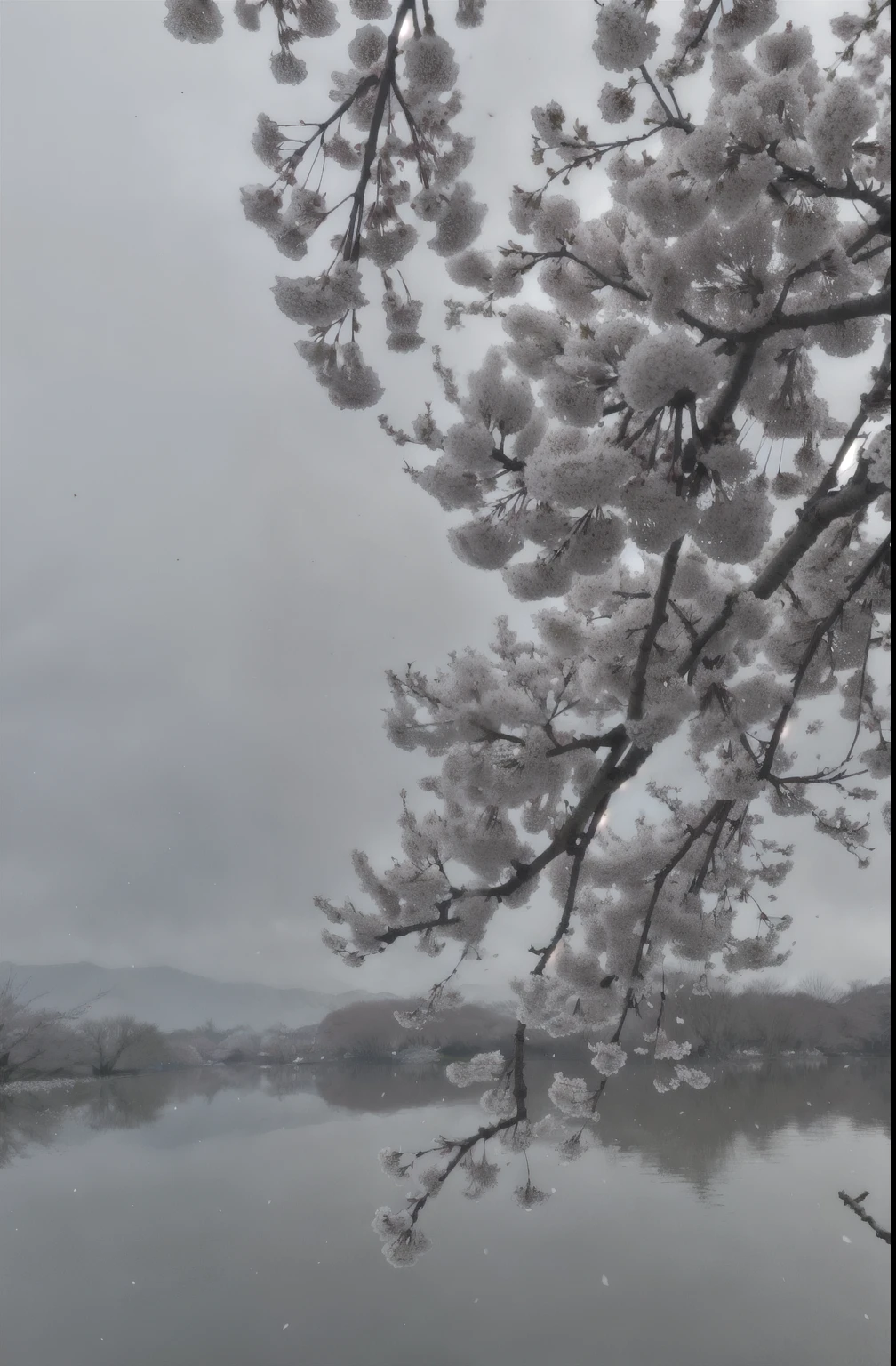 araffes of cherry flowering on a tree over a lake, Sakura trees in the background, cherry tree in the background, cherry flowering, Cherry blossoms rain everywhere, cherry flowering in the wind, Cherry blossoms, Cherry blossoms季, flowering, Cherry blossoms trees, Sakura blooming background, author:Carl Walker, well WEATHER,Small Yin, Hungry Ghost Festival