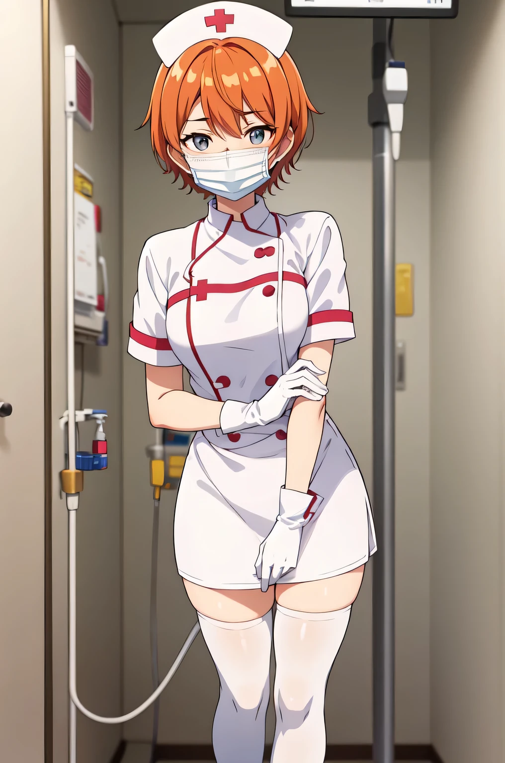 1girl, solo, nurse, nurse cap, white nurse uniform, ((white legwear, zettai ryouiki)), white gloves, very short hair, orange hair, ((white surgical mask, covered nose)), standing, ((hospital room)), sharp outline, short sleeves, tomboy, boyish, best quality, masterpiece