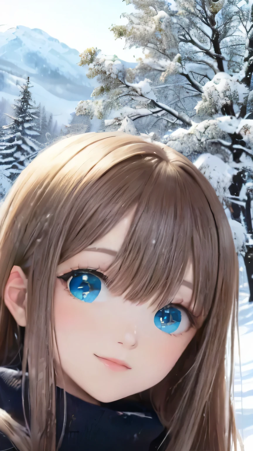 Snow, hills, Trees, blue shinning eyes