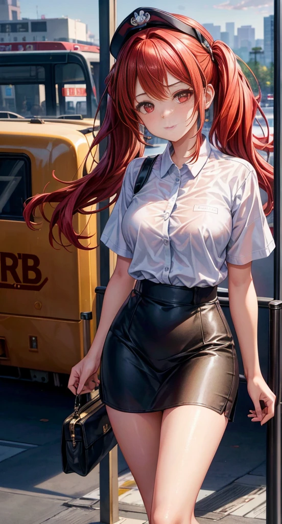 (best quality, highres:1.2), 1girl, solo, red hair cascading in twintails, red eyes shining with intensity, masterpiece, extremely detailed, longing gaze, employee uniform with a pencil skirt, adorned with a skull print, navy cap perched atop her head, outdoors, under the orange-tinted sky of a train station, standing in front of a bus, waiting, her posture expressing a sense of anticipation and determination.
The image comes alive with the finest details, capturing every curve and line of the girl's expressive features. Her red hair, each strand expertly rendered to mimic the real thing, frames her