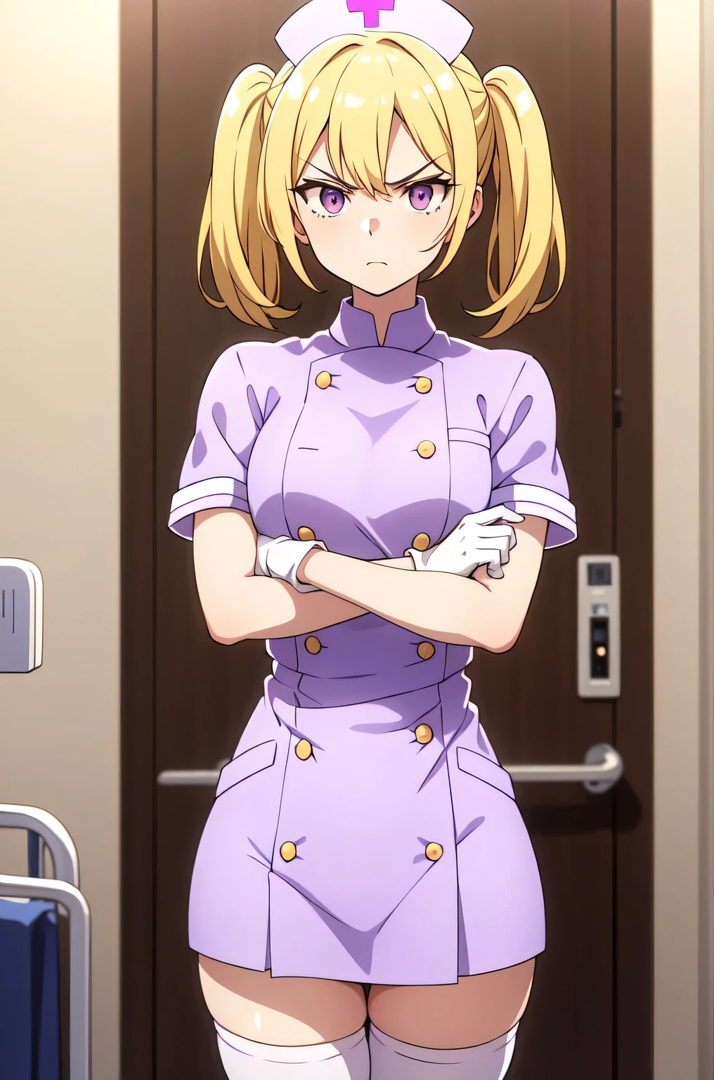1girl, solo, nurse, nurse cap, white nurse uniform, ((white legwear, zettai ryouiki)), white gloves, twintails, yellow hair, purple eyes, angry, crossed arms, standing, ((hospital room)), sharp outline, short sleeves, best quality, masterpiece