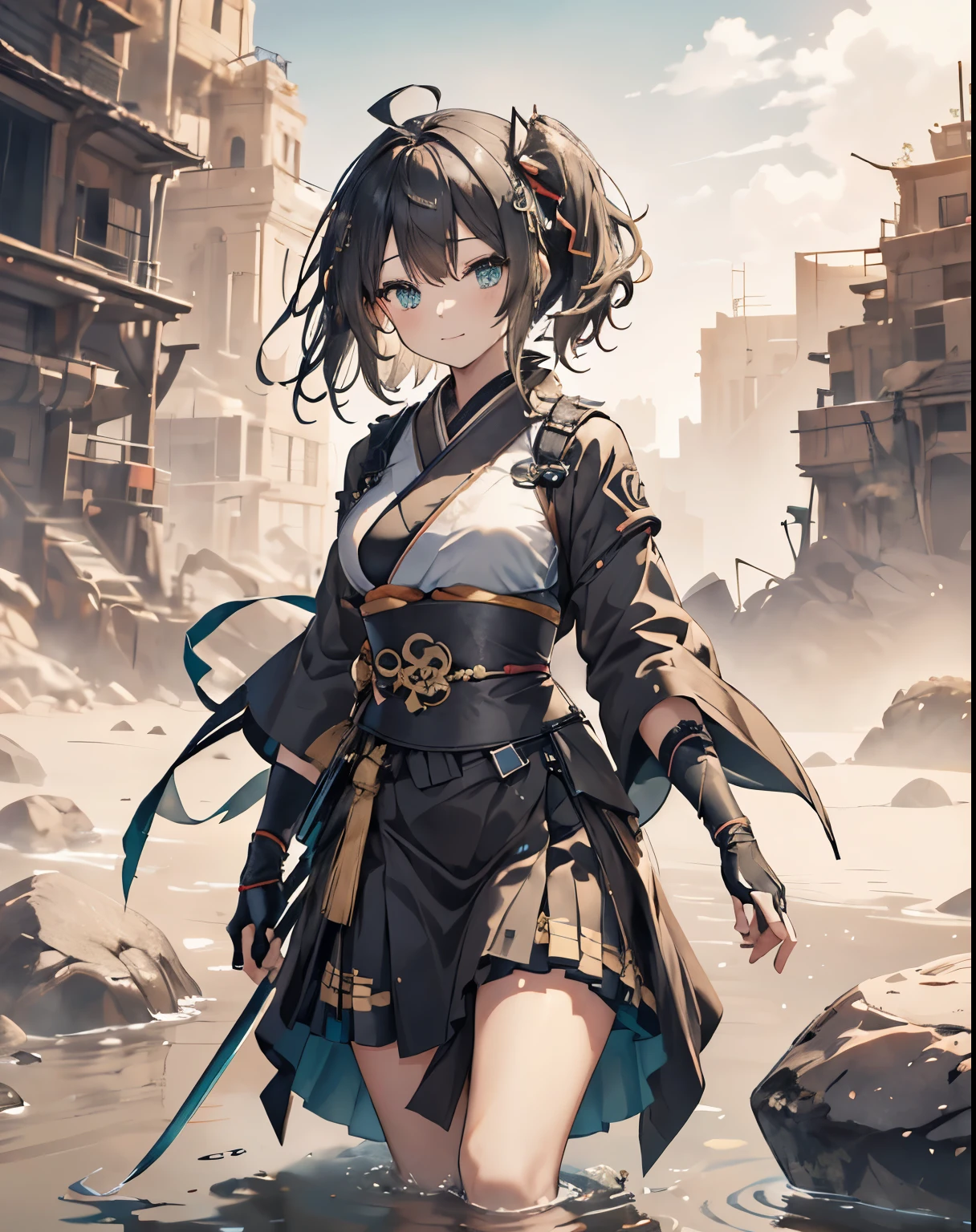 masterpiece,1girl, sparrow, a black haired girl, wearing a golden japanese ninja kimono, medium hair, messy hair, black skirt, slim body, small breasts, she close her left eye, shirt ornament, lolippai, innocent expression, beautiful breasts, rounded breasts, aqua eyes, dress, long skirt, standing above a rock, ahoge, hair ribbon, princess, innocent smile, plaid skirt