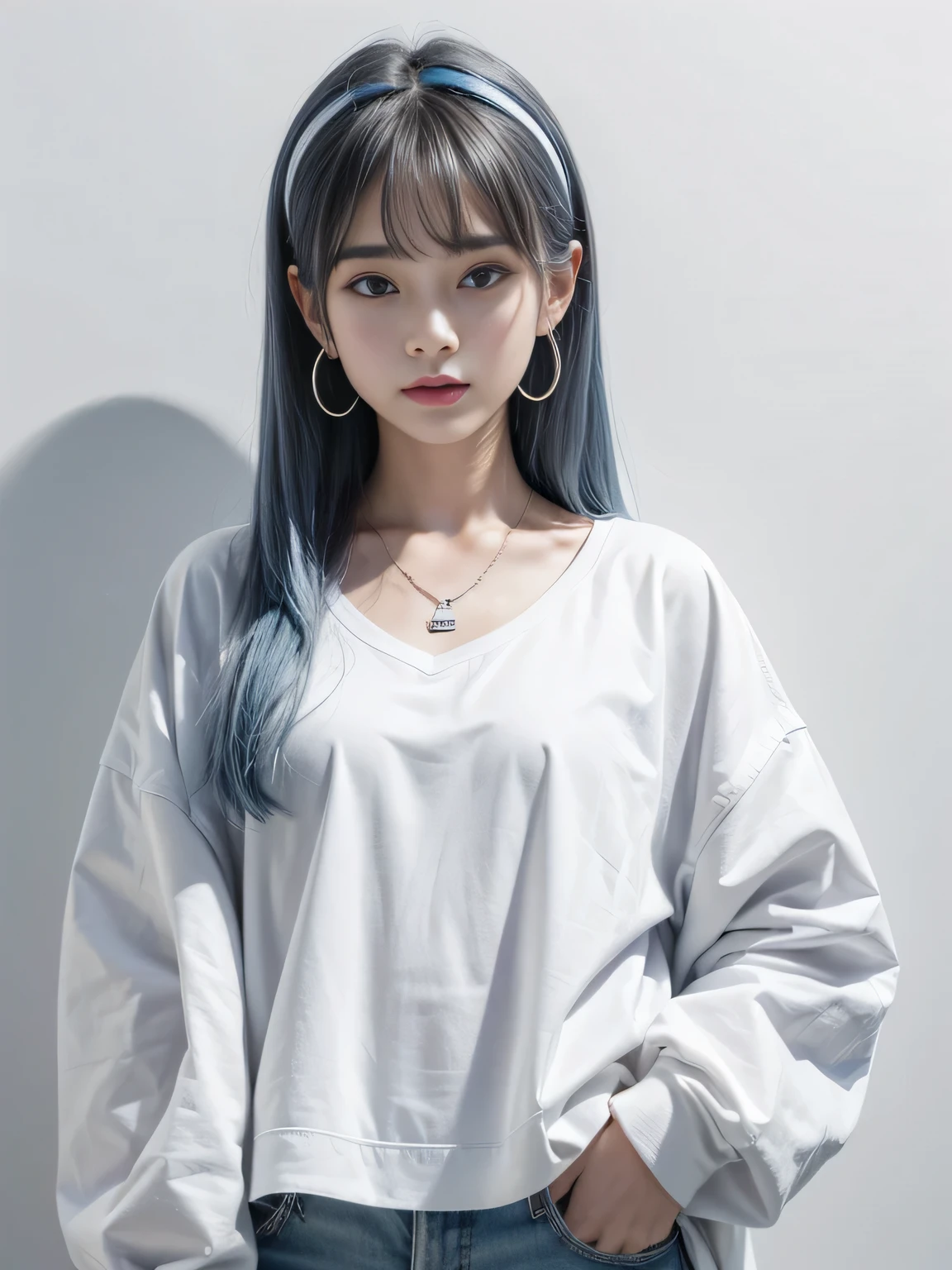 (8K, highest quality, High resolution, masterpiece :1.3), (white background), stylish, hisense, fashion, The contour is the length of the surface, eyes are long, light blue bob hair, hair band, oversized clothes, baggy clothes, Upper body, necklace, earrings, graphic design, take a pose