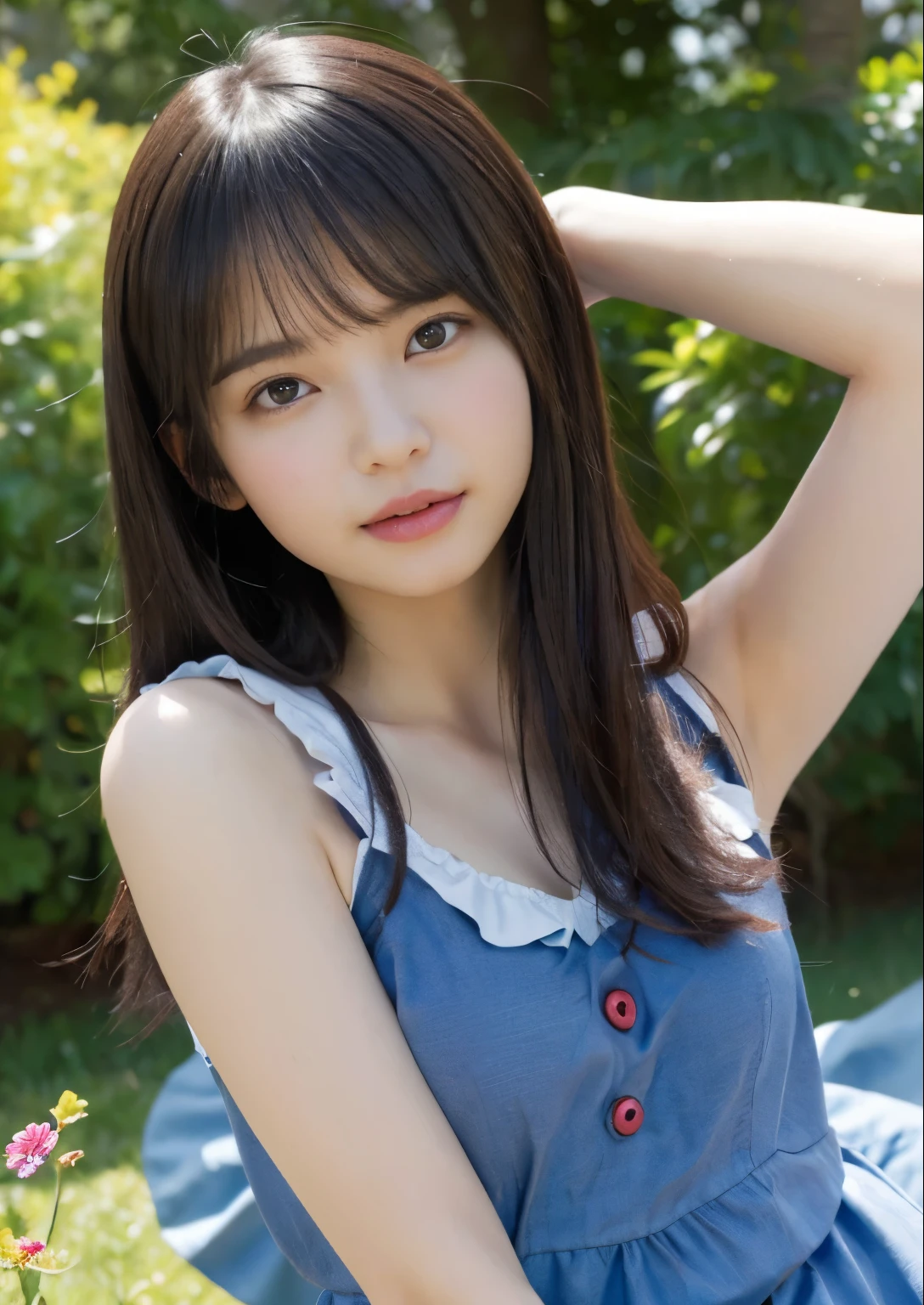 smile,((NSFW)),(best quality:1.2), Female dog,(female organ:1.1),8K, Raw photo, beautiful sexual woman, ((I can see her lower body、female organが見えている:1.2))detailed face and eyes,((alice in wonderland:1.3)),whole body,Unreal world