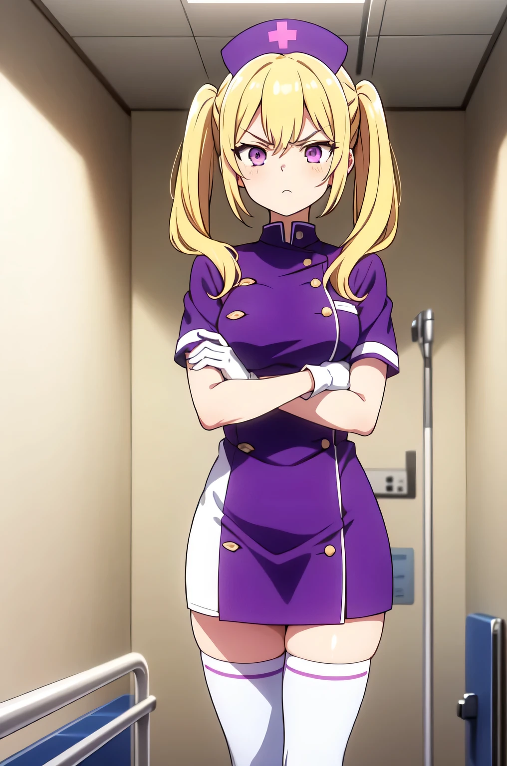 1girl, solo, nurse, nurse cap, white nurse uniform, ((white legwear, zettai ryouiki)), white gloves, twintails, yellow hair, purple eyes, angry, crossed arms, standing, ((hospital room)), sharp outline, short sleeves, best quality, masterpiece
