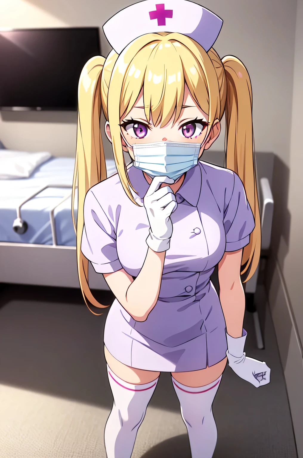 1girl, solo, nurse, nurse cap, white nurse uniform, ((white legwear, zettai ryouiki)), white gloves, twintails, yellow hair, purple eyes, ((white surgical mask, covered nose)), standing, ((hospital room)), sharp outline, short sleeves, best quality, masterpiece