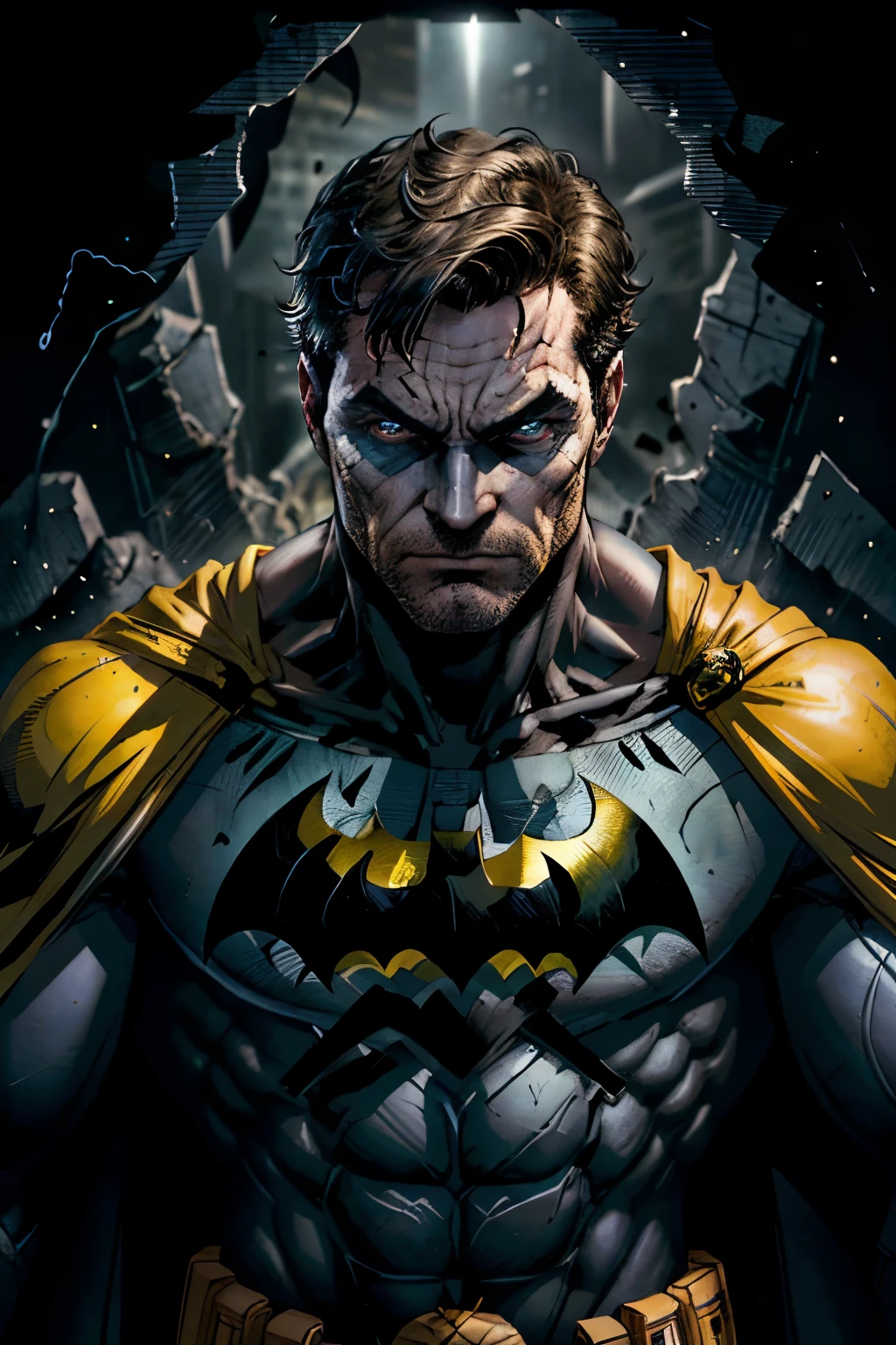 A character portrait of Batman adorned with a yellow lantern ring, radiating an aura of fear and power. The intense focus on his face showcases the intricate details, from the chiseled features to the piercing eyes that seem to render the viewer helpless. The sharp lines and high-resolution rendering bring this portrait to life, creating an almost unreal image. Against a dark backdrop, Batman stands tall, his cape billowing behind him, symbolizing his unwavering determination. This 8K masterpiece captures the essence of Batman's fear-inducing presence, making it a must-have for any fan.