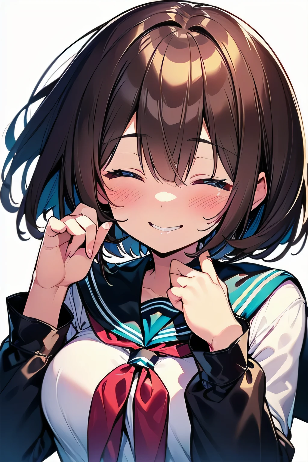 (best quality), (Super detailed), (Best Illustration), ((beautiful woman)), look at viewer, from front, upper body, (long sleeve, white serafuku), ((beautiful medium breasts)), curvy body, ((smile, closed eyes)), blush, brown hair, (bob cut), messy hair, curvy hair, hairs between eyes, blue eyes, white background
