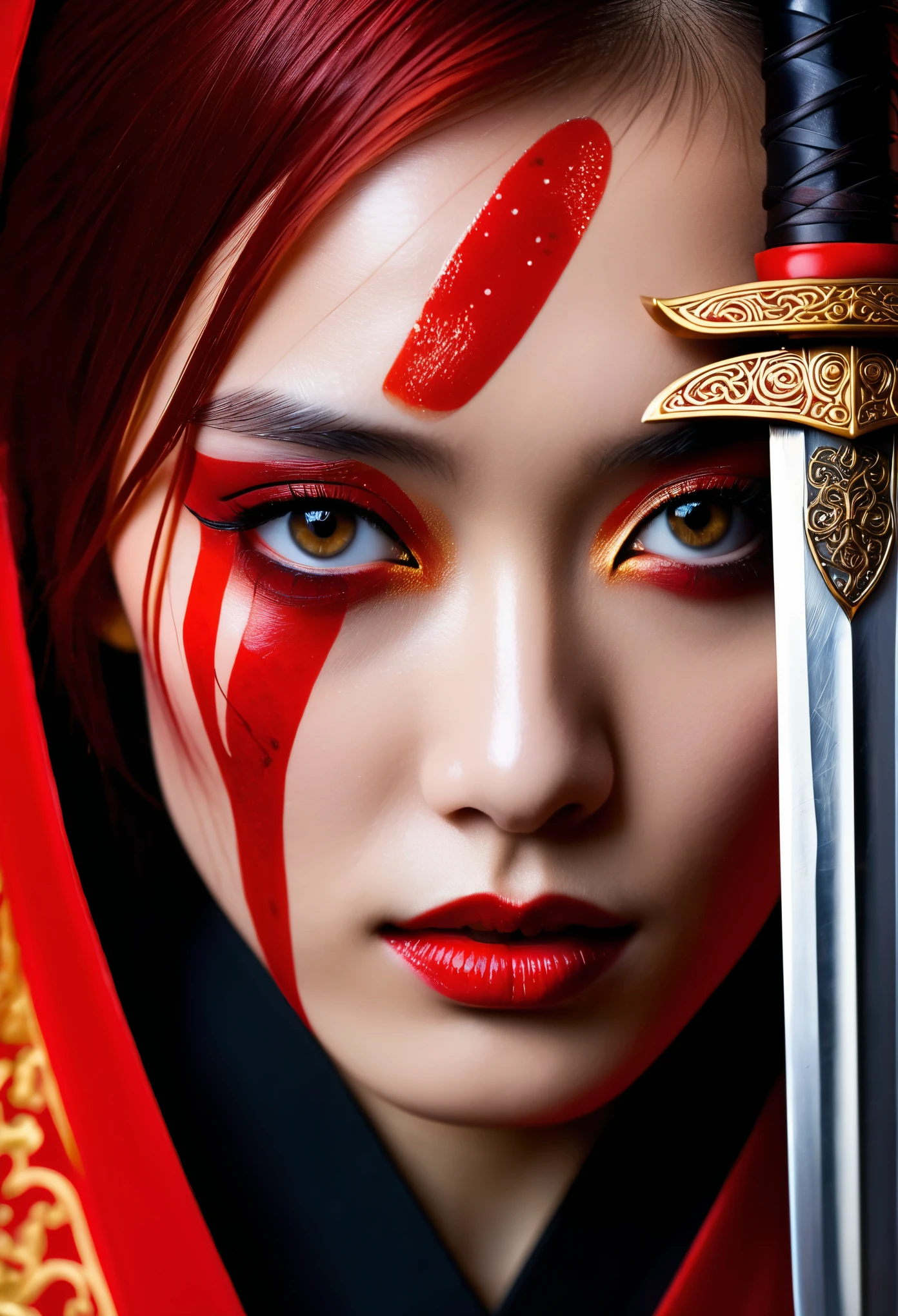 （（8K：1.4））， Impeccable， accuracy， （high resolution：1.2）， （Very detailed）， high quality， （masterpiece：1.8）， ((Extreme close-up of huge sword blade))，(((Very detailed的中国少女特写肖像画)))，The girl drew her sword，， （pain）， （long unkempt red hair）， （Red_sclera：1.2）， （Blood all over the face：1.6）（（anatomically accurate：1.6）），（（（evil eye：1.6）））， (((深Red宽大剑刃)))，(Close-up of part of the broad sword blade)，Covering half of the face，((Stand upright in front of your face))，The blade and the face each occupy half of the frame，Red and black blood splatter background，Red-eyed，Red Chinese costume，gold embroidery，