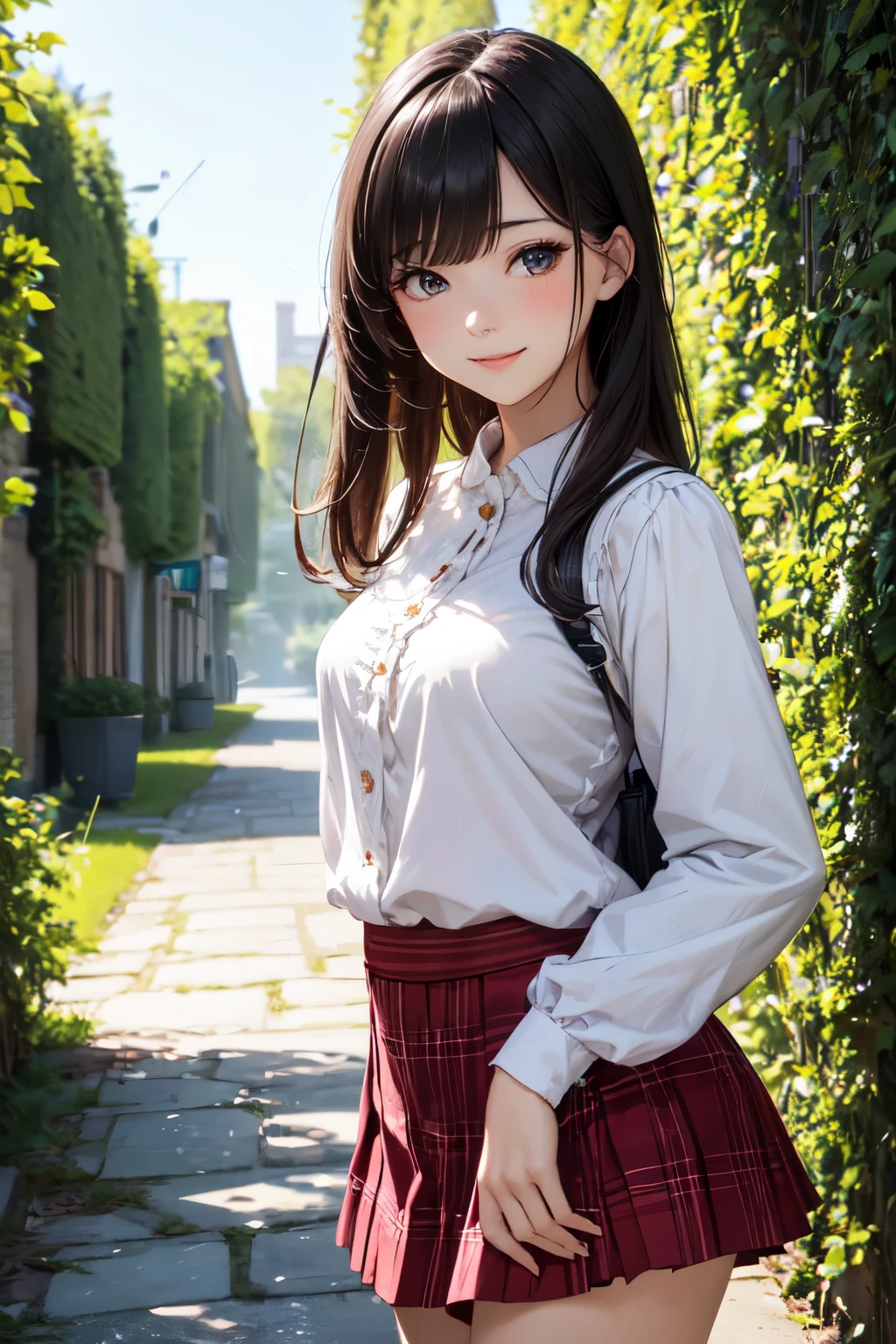 very cute and beautiful girl,(highly detailed beautiful face and eyes),(smile),blush,cowboy shot, (white blouse with detailed frills),long sleeve BREAK standing,(skirt lift,white panties), hair ribbon,black hair,(scarlet plaid mini skirt) BREAK flower garden,narrow stone pathway,shrubbery,distant trees, (best quality,masterpiece:1.0),absurdres,highres,ultra-detailed,extremely detailed,32k,8k resolution, intricate details,cinematic scene,detailed background,solo,dynamic angle,