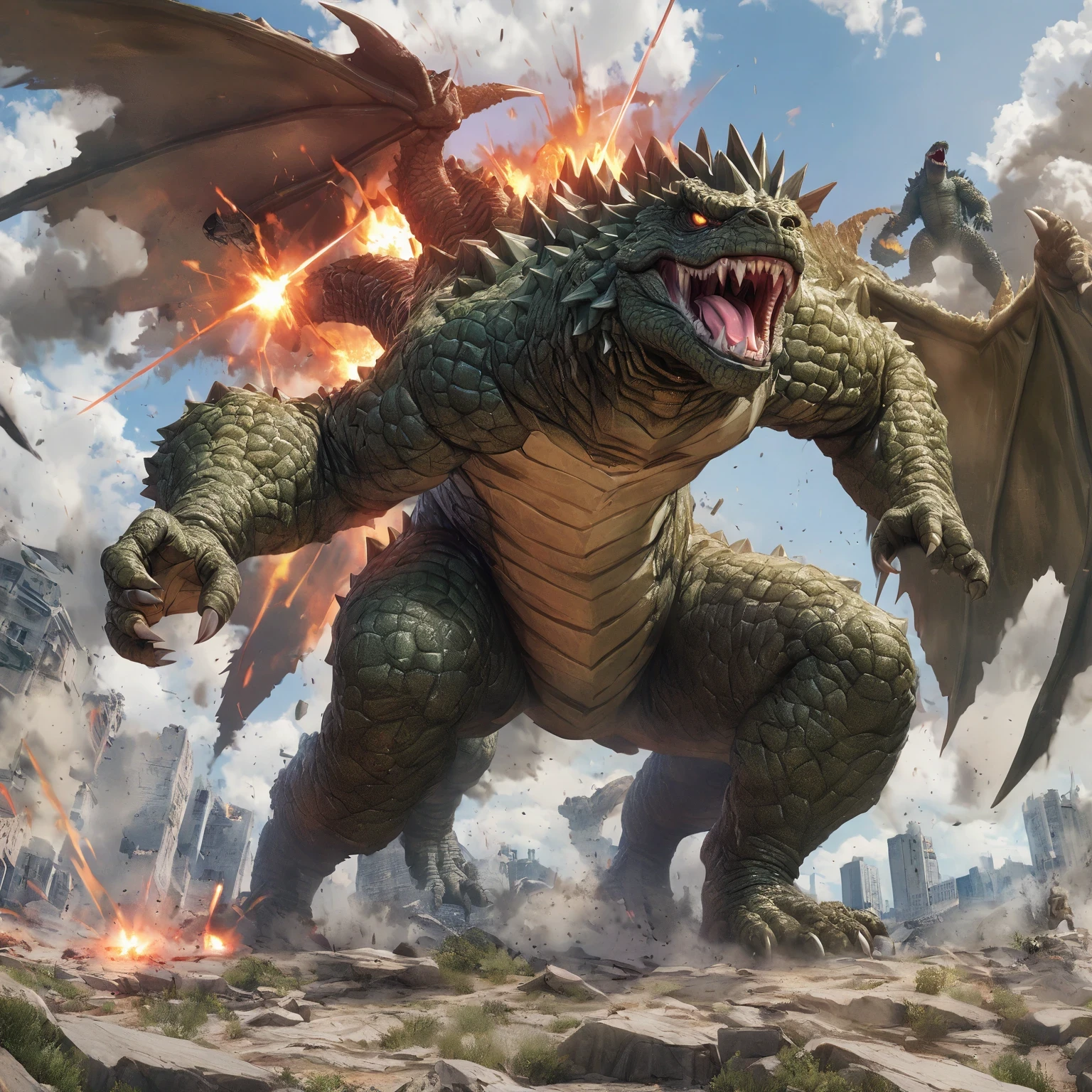 diy1,Godzilla and Kong in power clash, Godzilla's giant wings and sharp claws, Kong waving a huge rock, magnificent battle near skyline, Godzilla's destructive power, Kong's unwavering toughness, city ruins as battlefield, Godzilla's volcanic fume attack, Kong's deft use of tools, clash of their powers, Godzilla's atomic breath, Kong's brave close combat, Godzilla diving from high above, Kong's steadfast gaze, city trembling under their battle, Godzilla's intimidating presence, Kong's fighting strategy, contrasting momentum, Godzilla's roar, Kong's aggressive stance, greatest clash between heaven and earth
