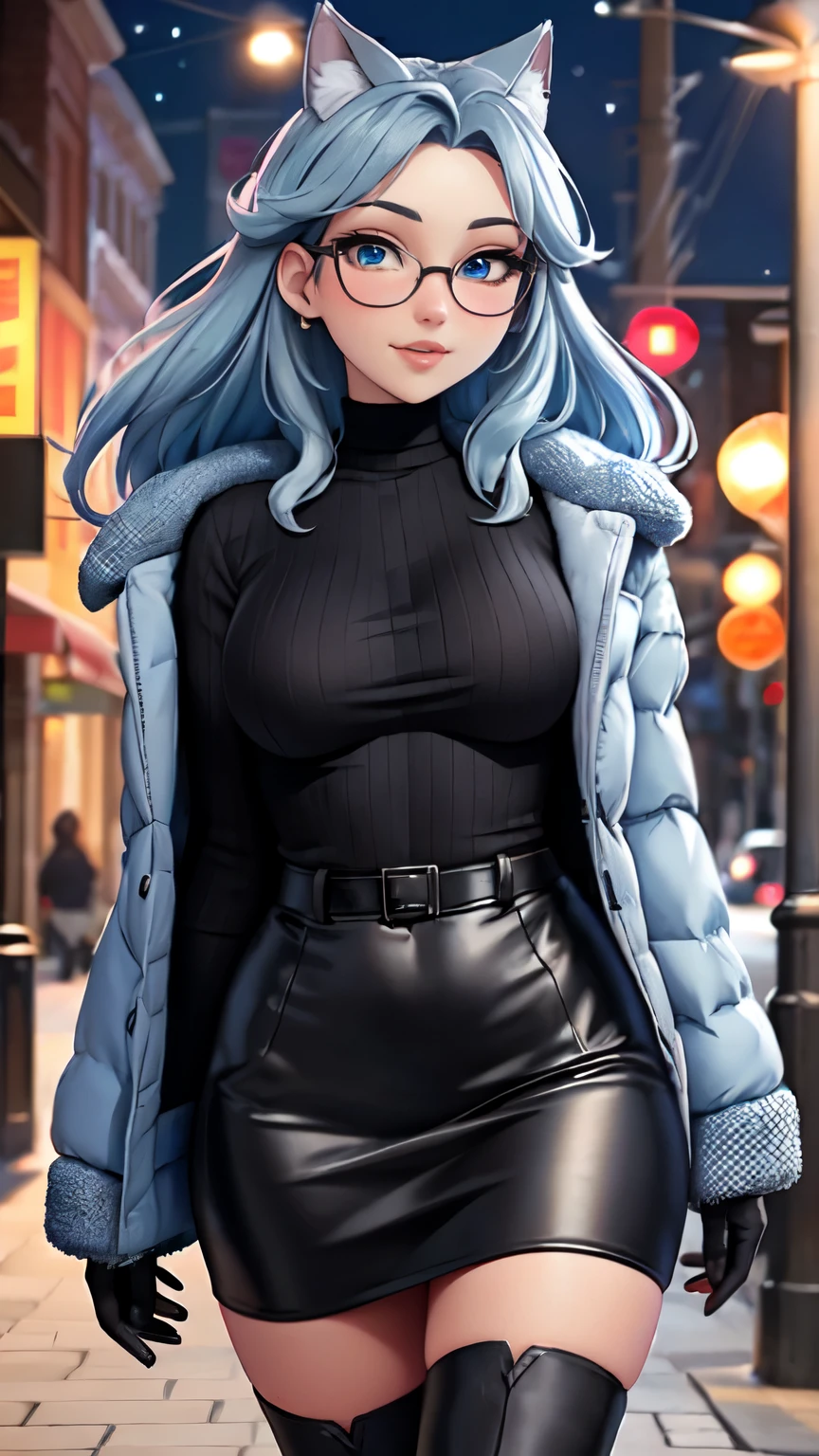 Masterpiece, beautiful art, professional artist, 8k, art style by sciamano240, very detailed face, detailed hair, detailed clothes, detailed fabric, 1girl, perfectly drawn body, beautiful face, long hair, light blue hair , very detailed blue cat eyes, wide smile, wearing trendy winter clothes , winter coat,black thigh boots, black pencil skirt, glasses, wearing gloves, pouty lips , rosey cheeks, evening winter setting, , show details in eyes, upclose view, looking at viewer, walking on sidewalk, purse on shoulder,