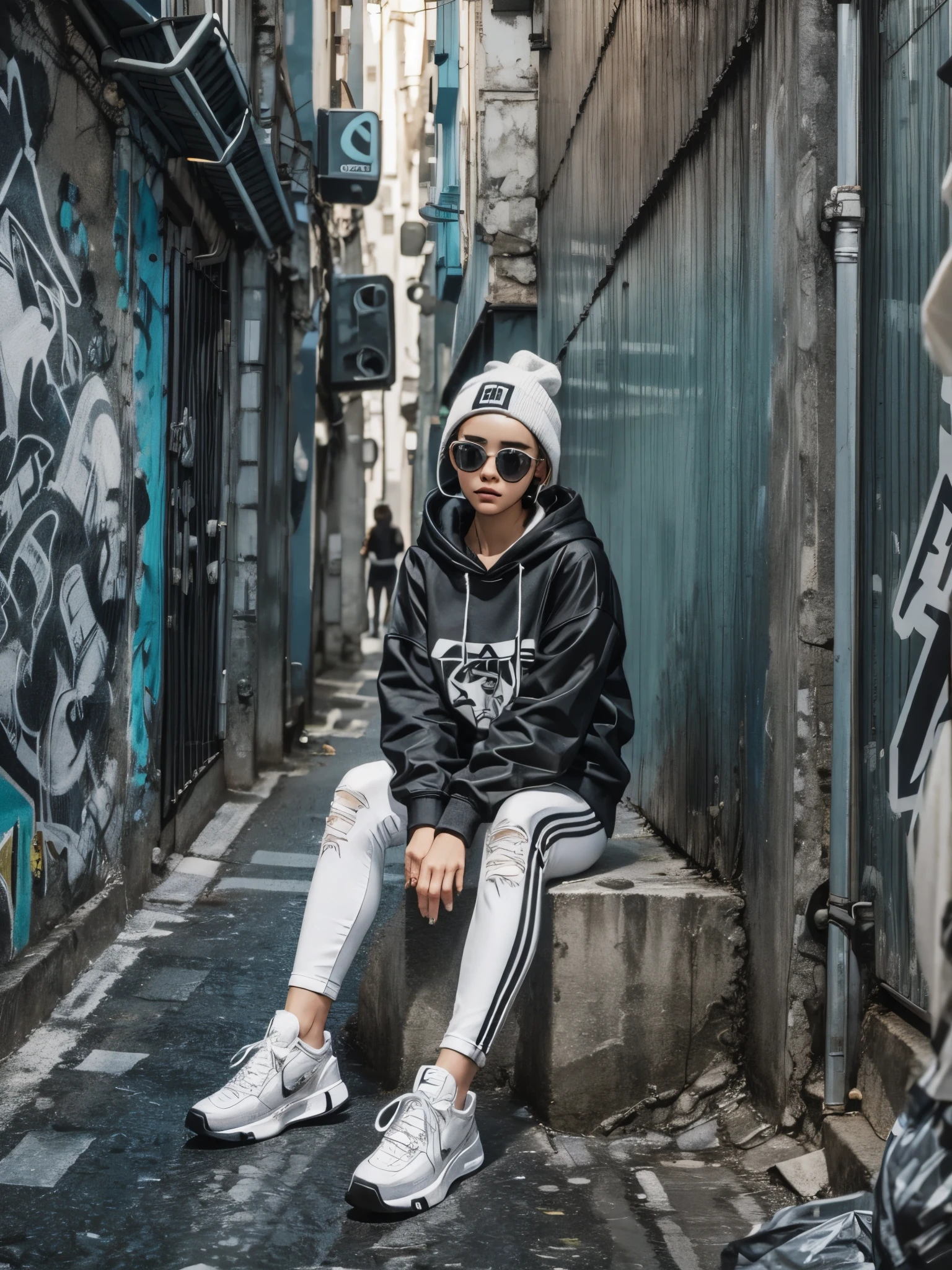 ultra detailed, beautiful, best quality, A woman in a monotone cyberpunk outfit with distinctive headphones sits on a block in an unpopular alleyway with monotone graffiti art,
The woman is wearing a white downy hoodie, black leggings, white high-cut sneakers with a black cap and black sunglasses,