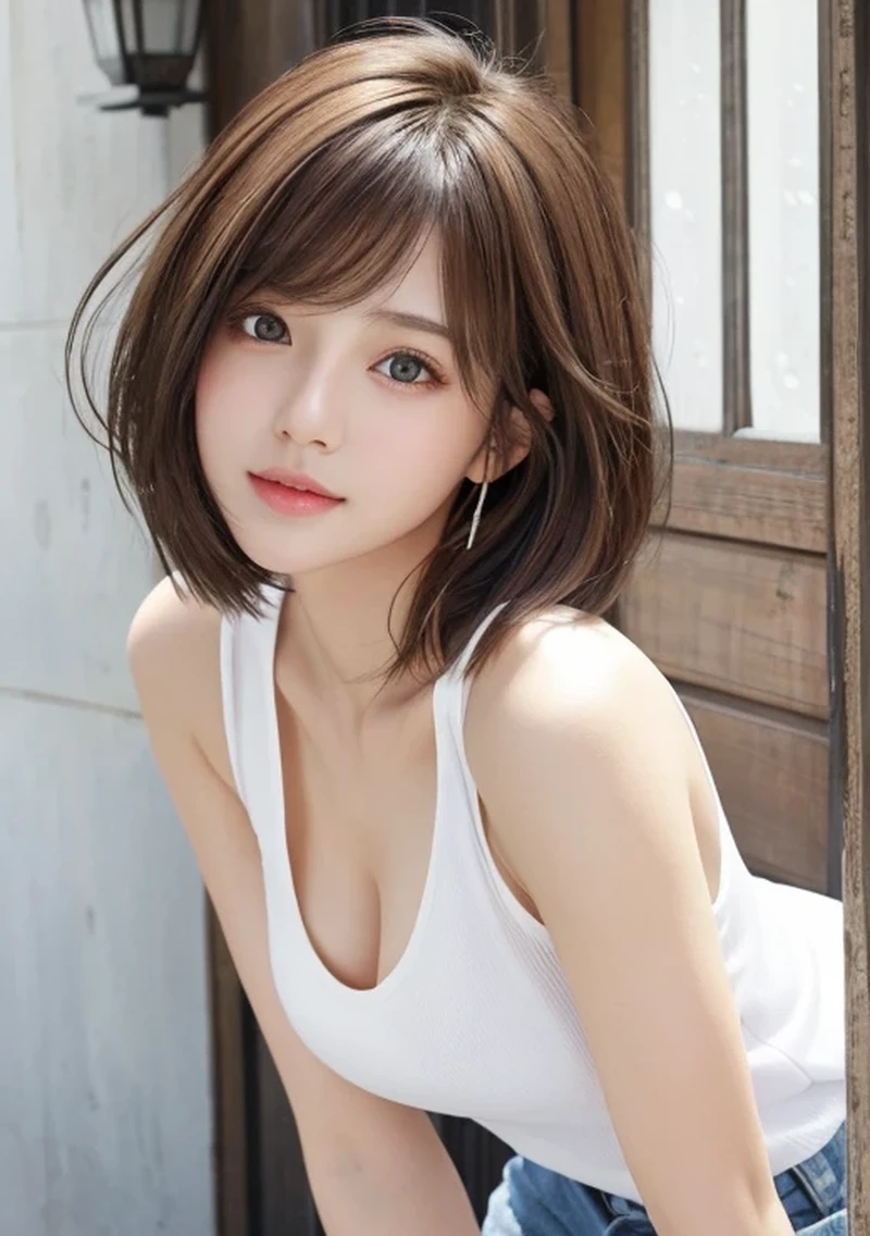 Photoreal、Masseter muscle part、highest quality、High resolution、Raw photo、realistic、bright lighting、face light、smooth professional lighting、japanese woman、Beautiful woman、modeled、gravure、sexy、super beautiful、realistic and beautiful skin、beautiful and detailed eyes、detailed face、slim、medium big breasts、short hair、brunette colored hair、brown eyes、looking at camera、white tank top、shorts、Pose for a photo