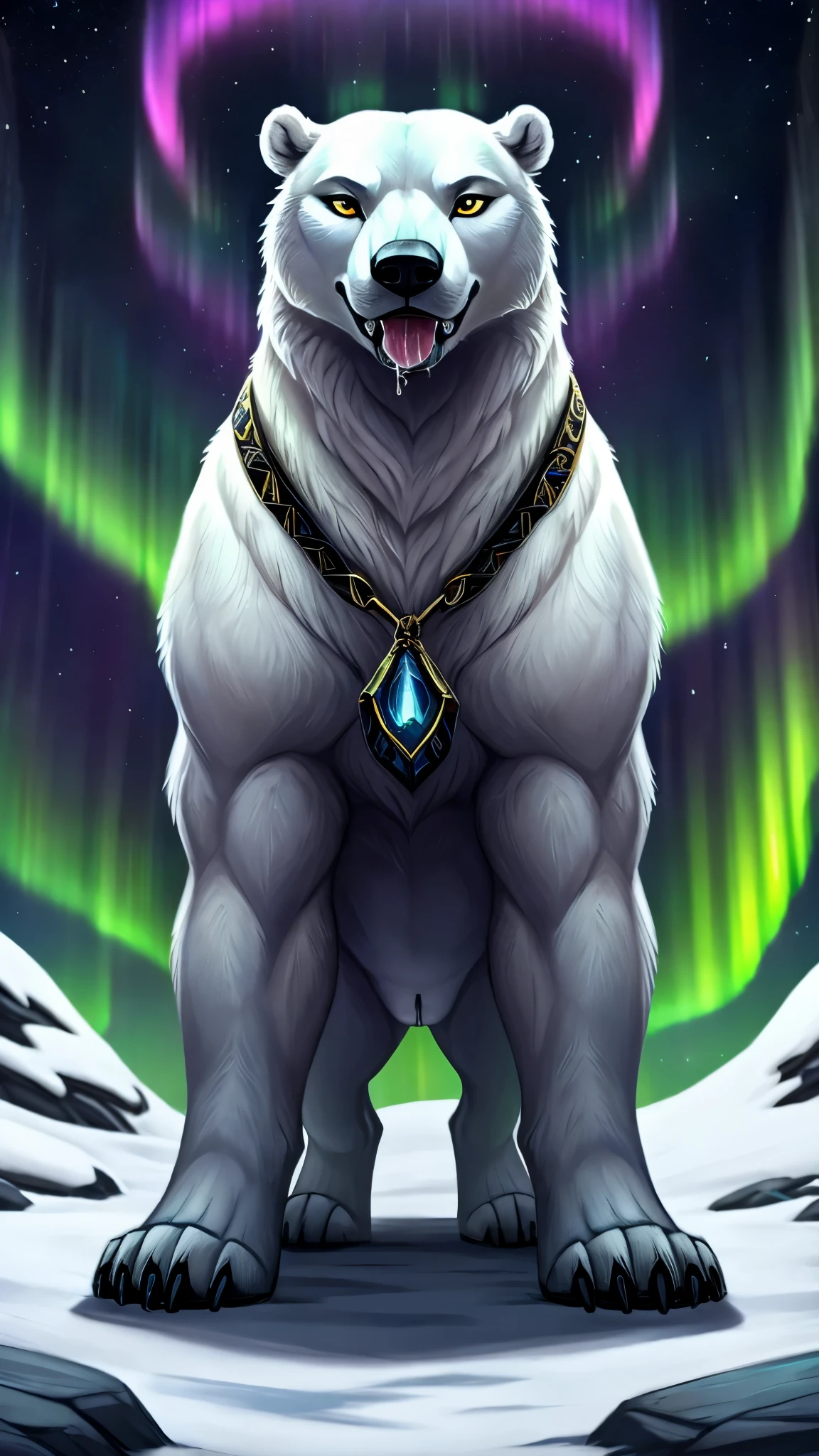 Aurora, the remarkable polar bear, boasts sleek snow-white fur adorning her body and face, contrasted by the bold black fur on her lower half of her body (forelegs, legs, and paws). Despite her slender physique, her presence exudes command, accentuated by toned muscles and sharp, agile paws. Her delicate features, including her obsidian-black nose and bright golden eyes, radiate intelligence and authority. With a playful habit of sticking out her tongue, dripping with saliva, she infuses a touch of whimsy into her regal demeanor. Aurora's assertive and decisive nature commands respect, despite her  size. Leading with fairness and loyalty, she ensures the safety of her pack while indulging in games of skill and strength. As a feral being, she walks on all fours, embodying her animal nature without any human traits. She has a black and white pussy