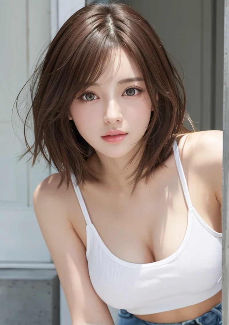 Photoreal、Masseter muscle part、highest quality、High resolution、Raw photo、realistic、bright lighting、face light、smooth professional lighting、japanese woman、Beautiful woman、modeled、gravure、y、super beautiful、realistic and beautiful skin、beautiful and detailed eyes、detailed face、slim、medium bigort hair、brunette colored hair、brown eyes、looking at camera、white tank top、shorts、Pose for a photo