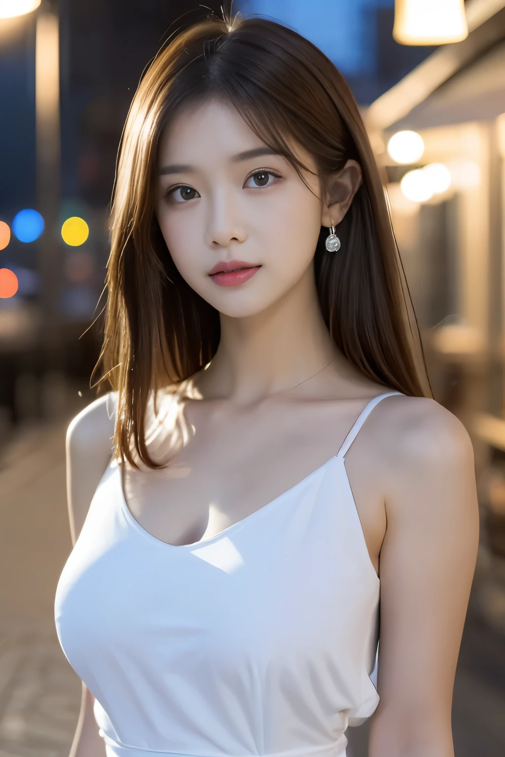 ((realistic lighting, highest quality, 8K, masterpiece: 1.3、perfect lighting)), concentrated: 1.2, 1 girl, perfect figure: 1.4, slimな腹筋: 1.1, ((dark brown hair)), (white dress: 1.4), (outdoor, night: 1.1), cityscape, super fine face, fine eyes, double eyelid,slender、slim