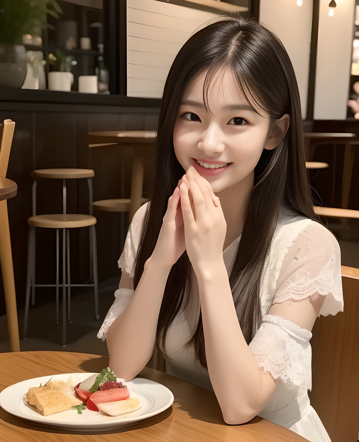 ((best quality, 8K, masterpiece: 1.3)), japanese beautiful girl, pure, melon face, kind and cute, sweet smile, pure desire, slender body, (front), (tilted head), ((looking at camera) ), wearing a lace dress,silky hair, round black big eyes, clear big eyes, moist red lips, sweet, sitting in a cafes, Upscale European cafes background , whole body, (hands under the table:1.5),