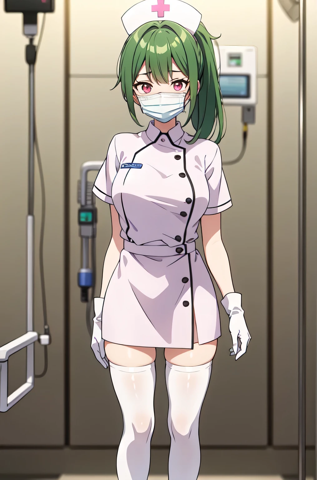 1girl, solo, nurse, nurse cap, white nurse uniform, ((white legwear, zettai ryouiki)), white gloves, ponytail, green hair, pink eyes, ((white surgical mask, covered nose)), standing, ((hospital room)), sharp outline, short sleeves, best quality, masterpiece