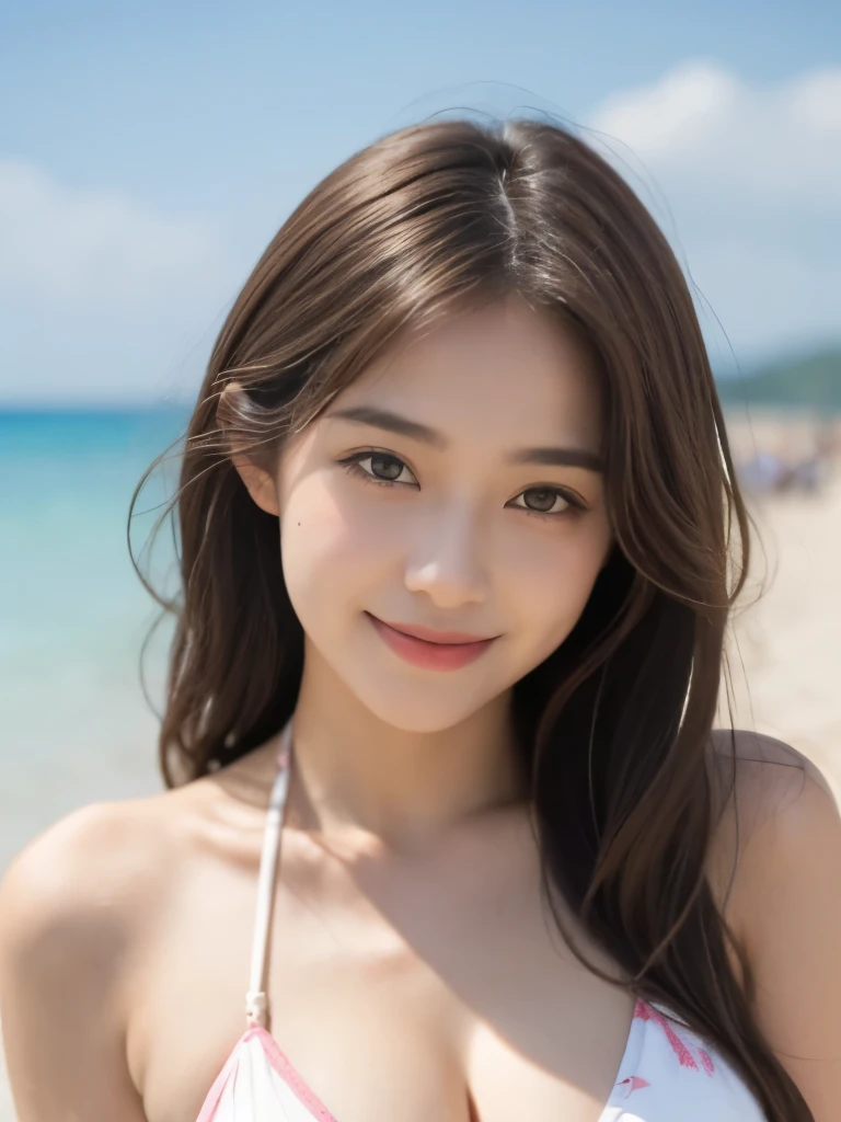 (masterpiece:1.2, highest quality), blur the background,Full body photo,1 High school girl, (big breasts), brown hair,(bikini),bright eyes,blushing face,smile,Highly detailed face and skin texture, healthy skin,(beach),4K resolution