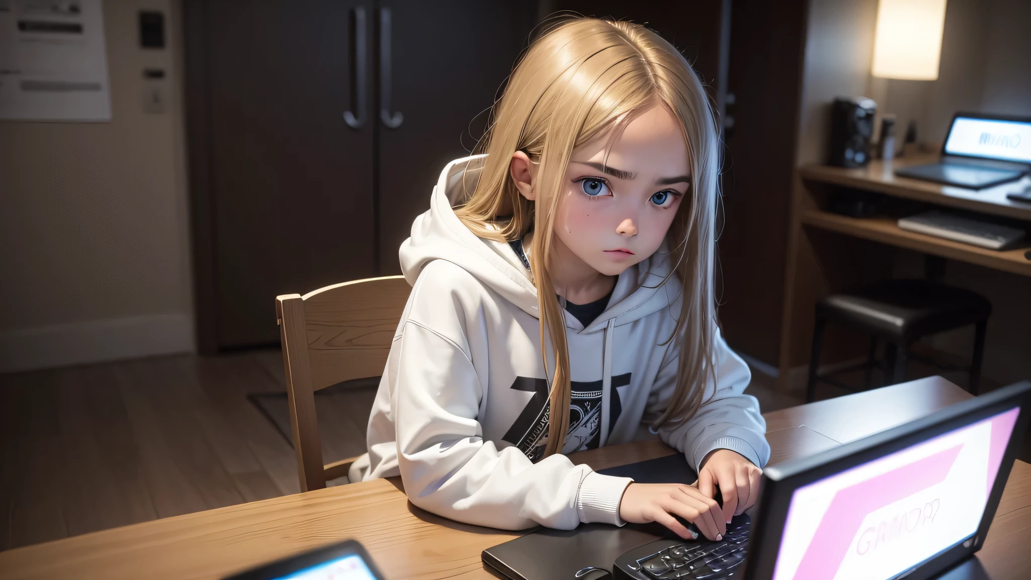 straight-haired, serious, -yeld wh girl, looking straight ahead, wearing a hoodie sitting at a table with a gaming keyboard in front of her, looking like she was doing something very serious, full body