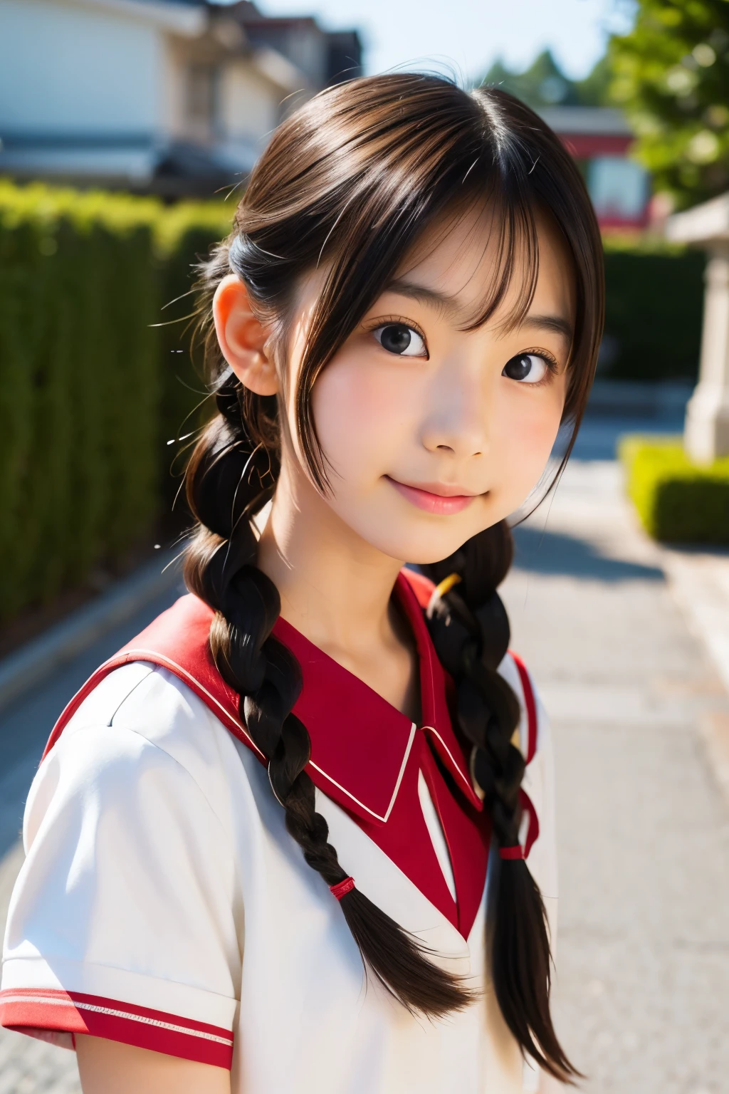 (Beautiful 14 year old Japanese female), cute face, (deeply carved face:0.7), (freckles:0.6), soft light,healthy white skin, shy, (serious face), (sparkling eyes), thin, smile, uniform, Braid