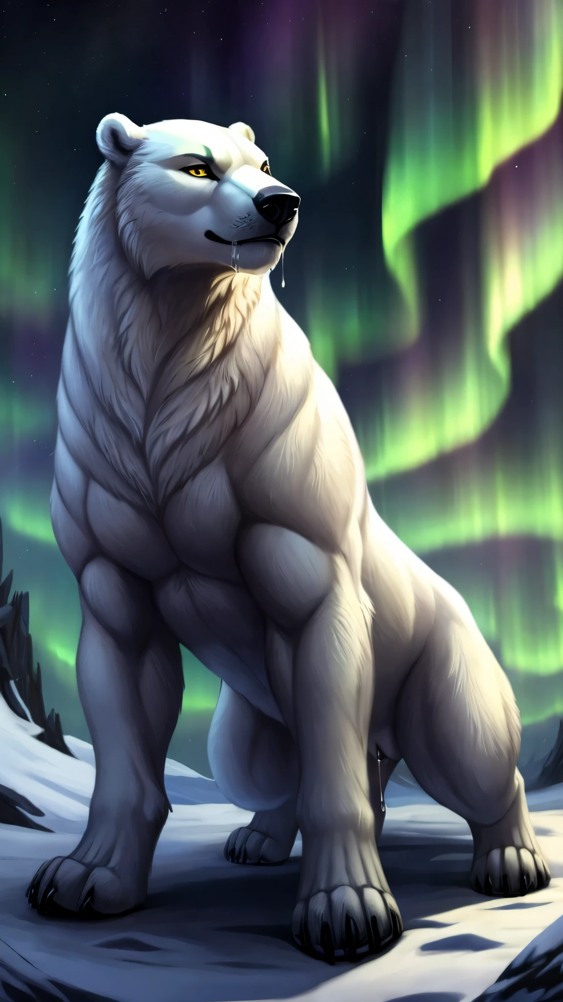 Aurora, the remarkable polar bear, boasts sleek snow-white fur adorning her body and face, contrasted by the bold black fur on her forelegs, legs, and paws. Despite her slender  physique, her presence exudes command, accentuated by toned muscles and sharp, agile paws. Her delicate features, including her obsidian-black nose and bright golden eyes, radiate intelligence and authority. With a playful habit of sticking out her tongue, dripping with saliva, she infuses a touch of whimsy into her regal demeanor. Aurora's assertive and decisive nature commands respect, despite her  size. Leading with fairness and loyalty, she ensures the safety of her pack while indulging in games of skill and strength. As a feral being, she walks on all fours, embodying her animal nature without any human traits. She has a black and white pussy