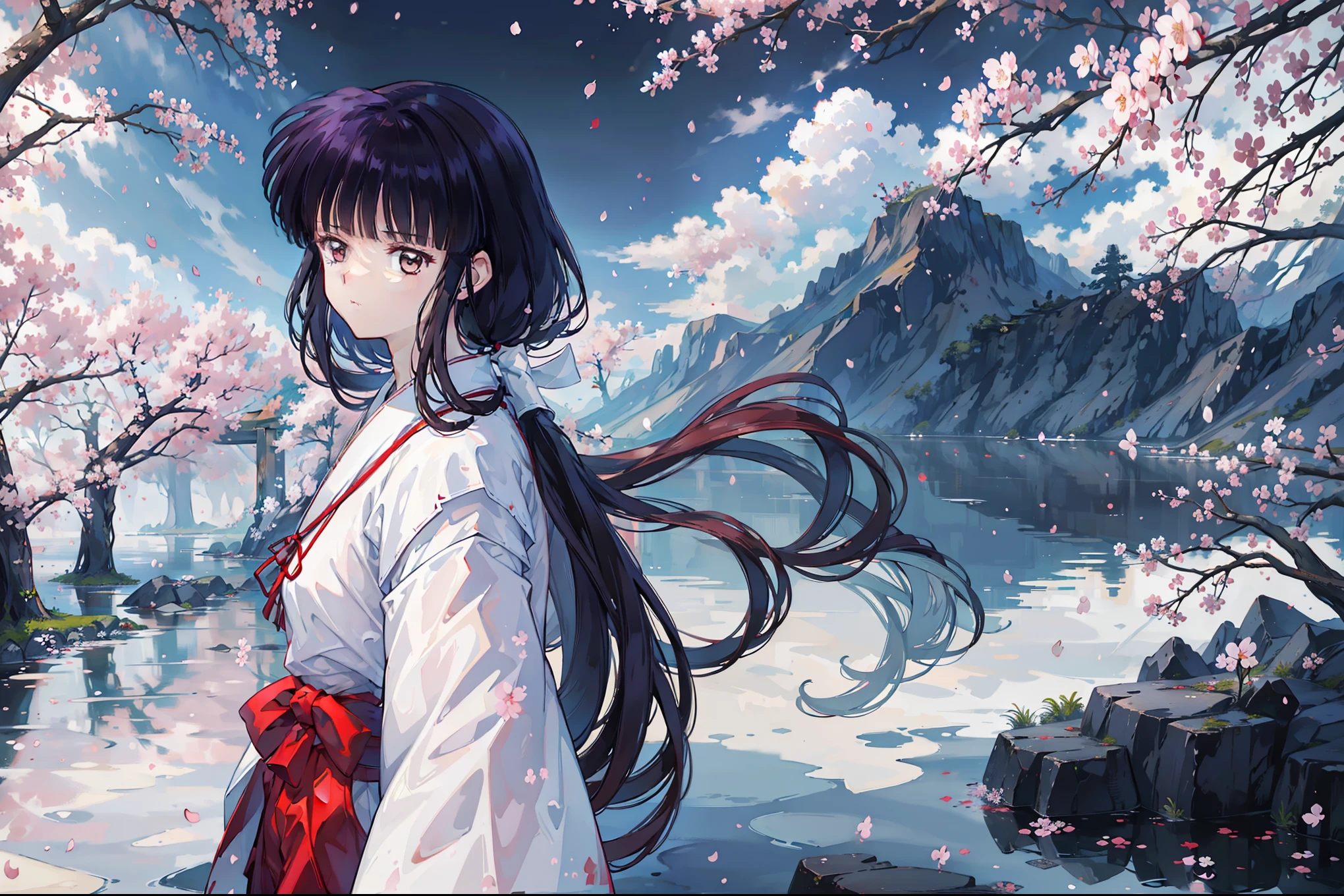 (masterpiece), best quality, expressed, is a perfect face, 1 girl, (alone), Platycodon, skinny, side lock, blunt_hair, Red miko dress, elegant,Japanese traditional clothing,imagine,alone, temple, standing in water, best quality，masterpiece，extremely，Eye focus beautiful eyes, anime characters,Miss,alone，cloud, Mountain, rain, (Cherry blossoms:1.3), sky, High resolution, looking at the audience, (32k wallpapers)