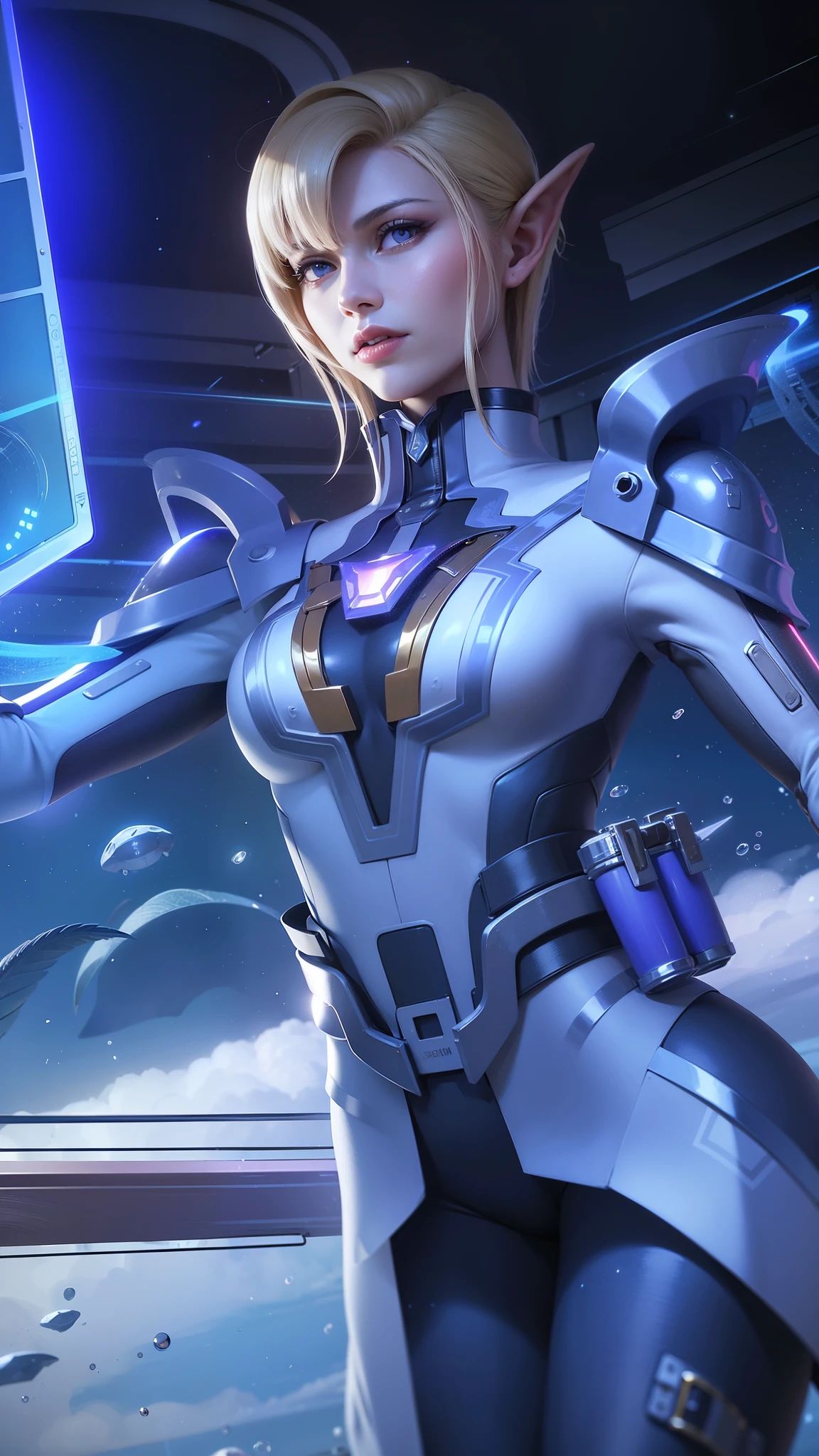 (female:1.2), 8k, ultra hd, ultra detailed texture, hyper realistic, masterpiece, detailed texture, detailed face, detailed skin, detailed lighting, (photorealistic:1.5), best quality, beautiful lighting, cinematic lighting, professional lighting, ultra highres, realistic, detailed hair, real hair, high quality, (realskin:1.5), extremely detailed, finely detail, ultra-detailed, 1girl, solo, floating, (blue eyes), glowing eyes, red lips, v-shapped eyes, closed mouth, angry, colored skin, dark skin, purple skin, nose, pretty, beautiful, make up, evil smile, short hair, blonde hair bangs, large breasts, thigh, pauldrons, black pants, belt, purple coat, mechanical wings, armor shoulder, gloves, eudora \(mobile legends\), depth of field, looking aways, skin tight, amazing pose, glowing electric, lighting, cinematic background, elf ear