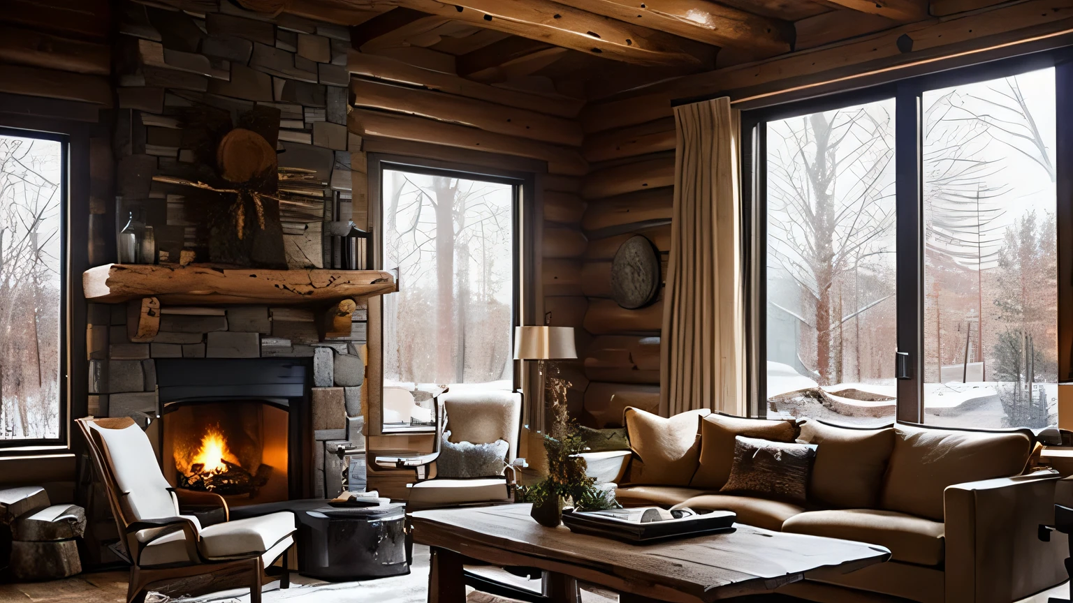 In a spacious living room with a fireplace, logs burn in the hearth. Elegant tables and chairs are arranged around, while outside the window, snow falls gently. Despite the wintry scene outside, the interior feels warm and inviting.