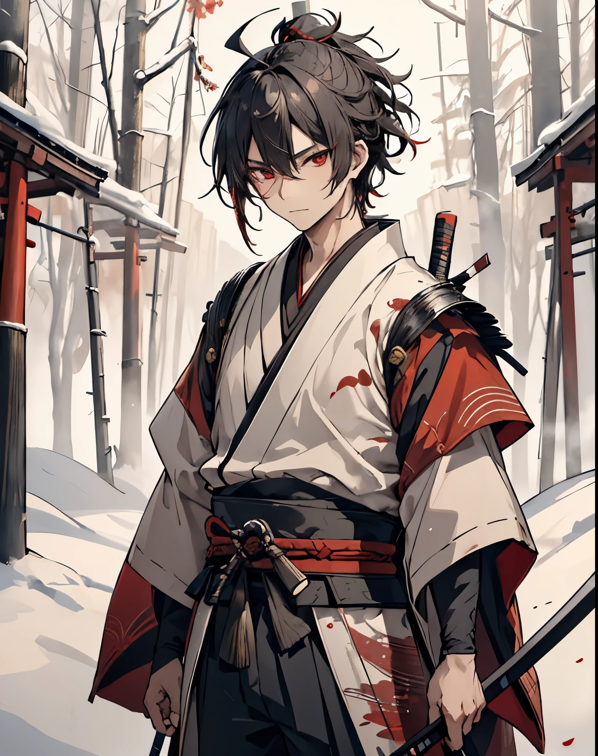 masterpiece, 1men, sparrow, a black haired men, wearing red samurai kimono, curly short hair, messy hair, slim body, wearing haori, he close her left eye, shirt ornament, seductive expression, red eyes, stand at snowy forest, ahoge, grey haori, beautiful eyes, samurai, low ponytail, long sleeves