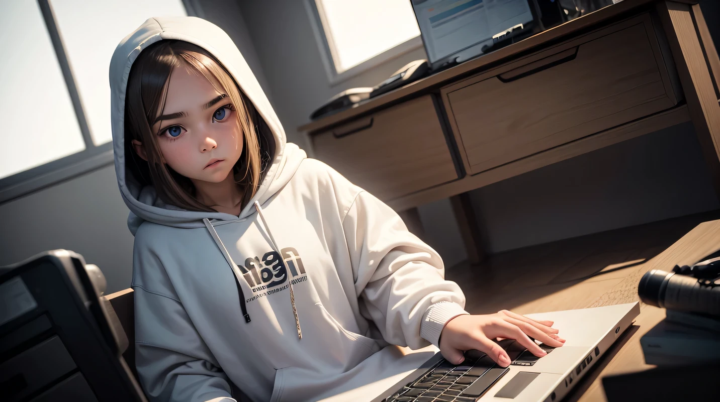 Serious, 13-year-old white girl with straight hair, looking straight ahead, wearing a hooded sweatshirt, sitting at a desk with a keyboard in front of her, appearing to be doing something very serious