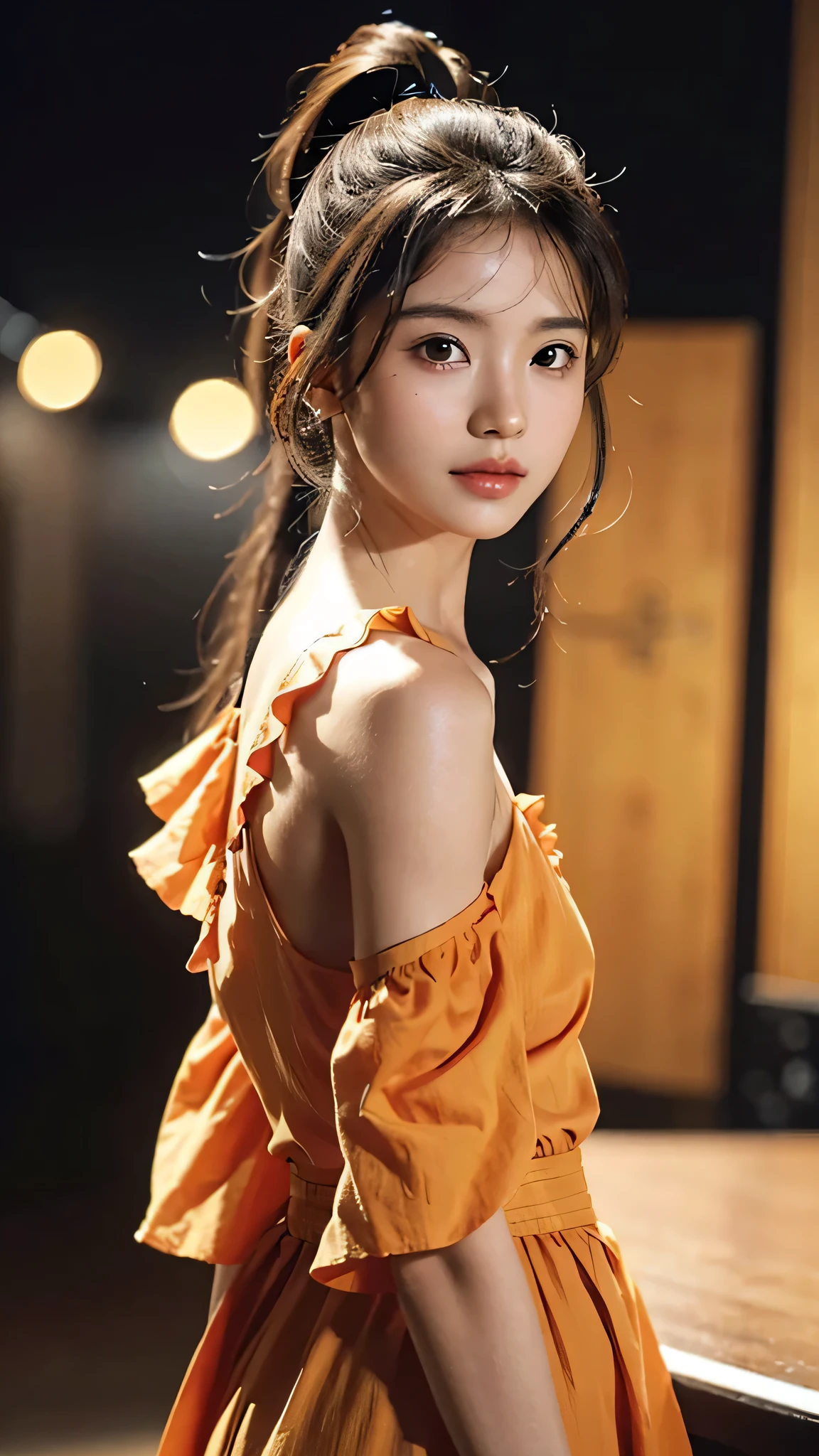 Orange colored long dress with lots of ruffles, softly shaped skirt,Spotlight on stage,close-up of face, One woman,fully body photo,masutepiece, The highest image quality, High quality, the background is clear，Beautiful woman, Japanese, Detailed, Detailed eyes, Detailed skin, Beautiful skin, 超hight resolution, (reality: 1.4),Very beautiful woman, Slightly younger face, Beautiful skin, slender, (Ultra photo realsisim), (hight resolution), (8K), (Very detailed) (beautifully detailed eyes), (super detailed),   (Detailed face), view the viewer, Fine details, Detailed face, Staring straight ahead, Staring straight ahead, photos realistic, Bright lighting, Professional Lighting, Black hair,poneyTail,a ,sixteen ye is ponytail,long ponytail hairstyle,slight smile,