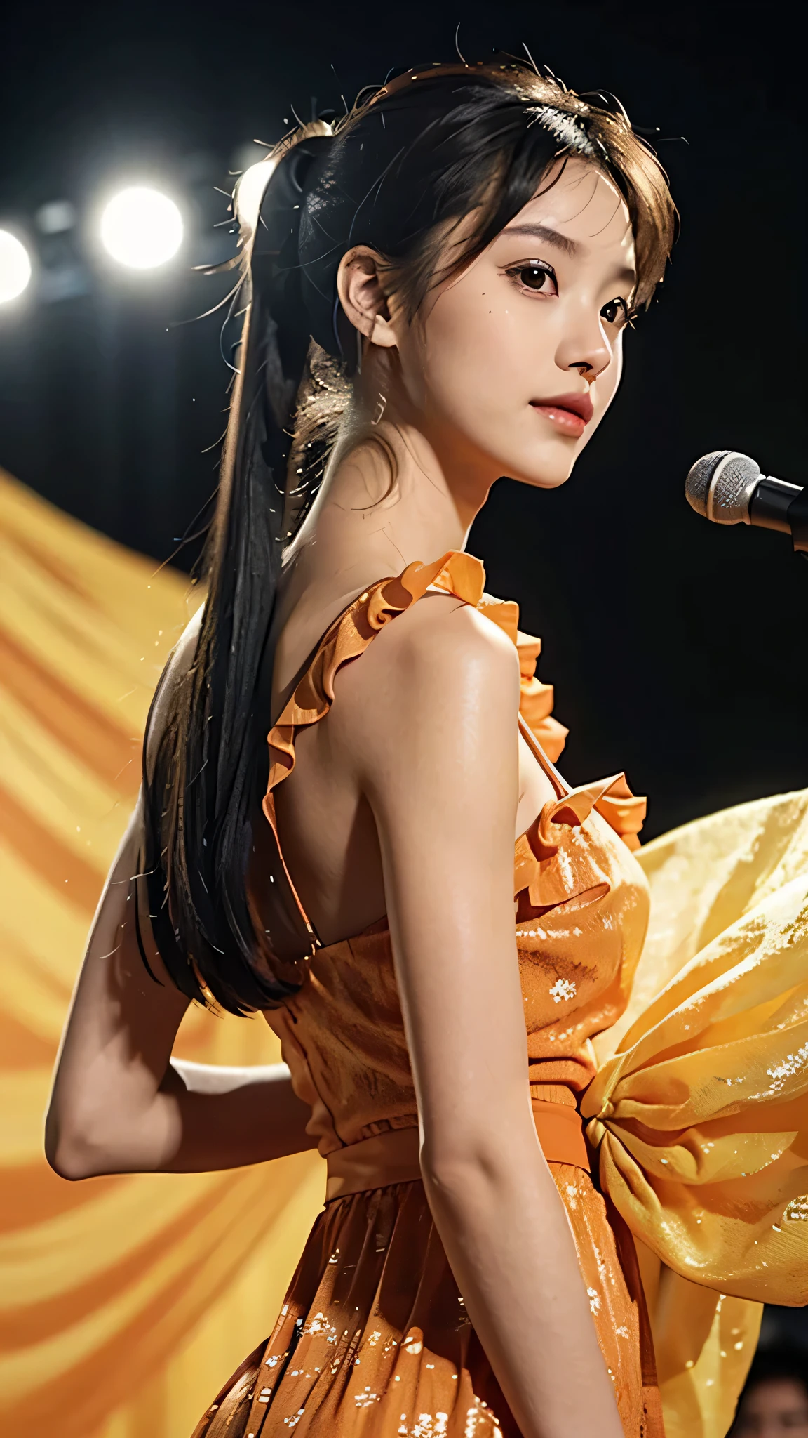 Orange colored long dress with lots of ruffles, softly shaped skirt,Spotlight on stage,close-up of face, One woman,fully body photo,masutepiece, The highest image quality, High quality, the background is clear,Beautiful woman, Japanese, Detailed, Detailed eyes, Detailed skin, Beautiful skin, 超hight resolution, (reality: 1.4),Very beautiful woman, Slightly younger face, Beautiful skin, slender, (Ultra photo realsisim), (hight resolution), (8K), (Very detailed) (beautifully detailed eyes), (super detailed), (Detailed face), view the viewer, Fine details, Detailed face, Staring straight ahead, Staring straight ahead, photos realistic, Bright lighting, Professional Lighting, Black hair,poneyTail,a baby face,sixteen years old,Hairstyle is ponytail,long ponytail hairstyle,slight smile,