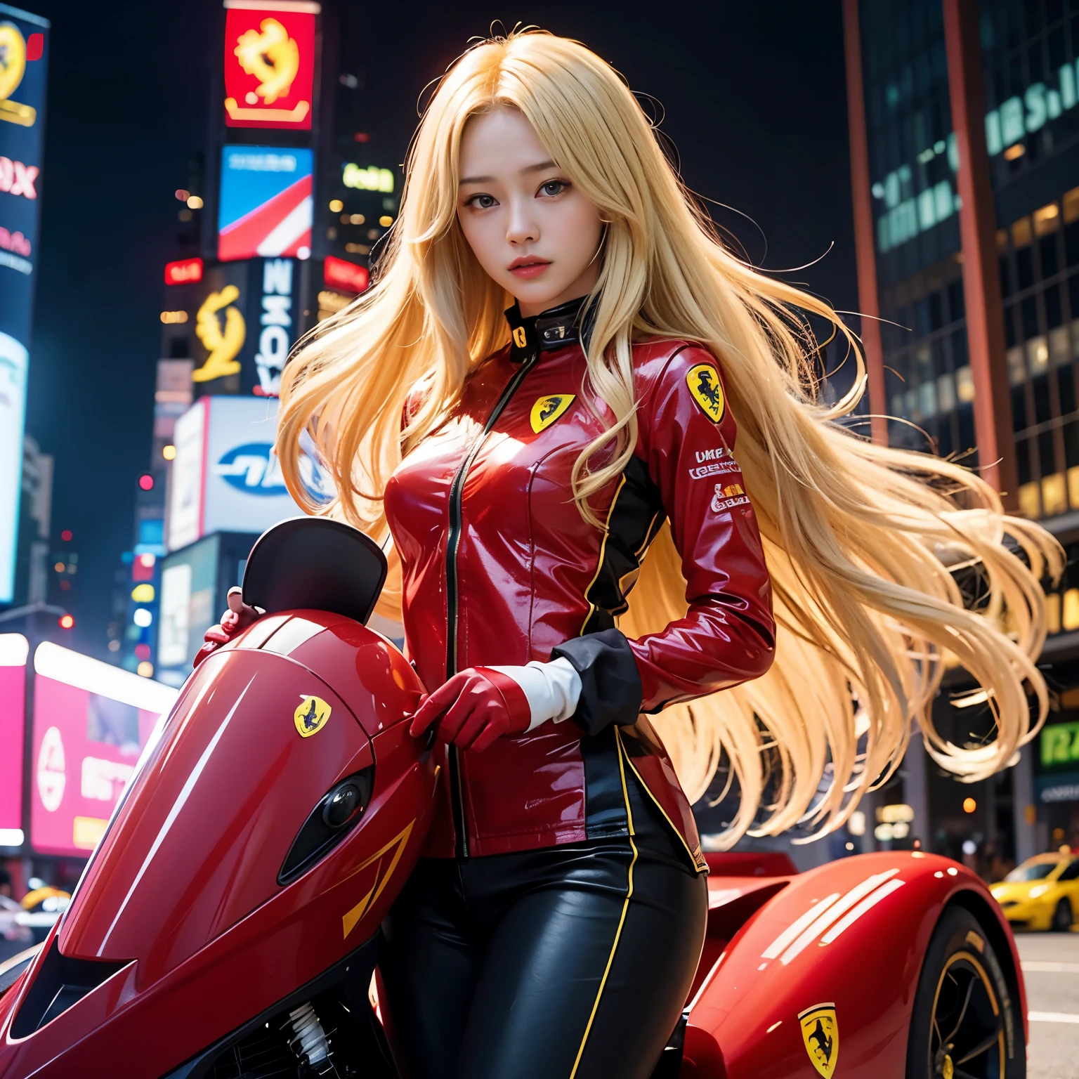 Portrait、high resolution。High definition、real photos、24 year old cute woman、blonde、long hair、bright red rider suit costume、Times Square at midnight、fashion magazine、、I can see the whole body、walking smartly、A scene from a movie、cyber punk、futuristic、matrix、trinity、((Standing on Ferrari's F1 machine))、((Formula Cars))
