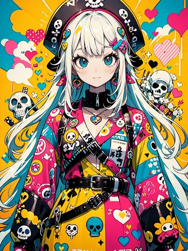 Takashi Murakami style、"cute, beautiful, Adorable girl wearing pink clothes, yellow, and baby blue color scheme. She is wearing a costume with a SKULL motif inspired by a female pirate.。.。.。.... stylish hat, Rock、Comes with decorative accessories such as hair clips. Embodying the vibrant and modern Harajuku fashion style。."
