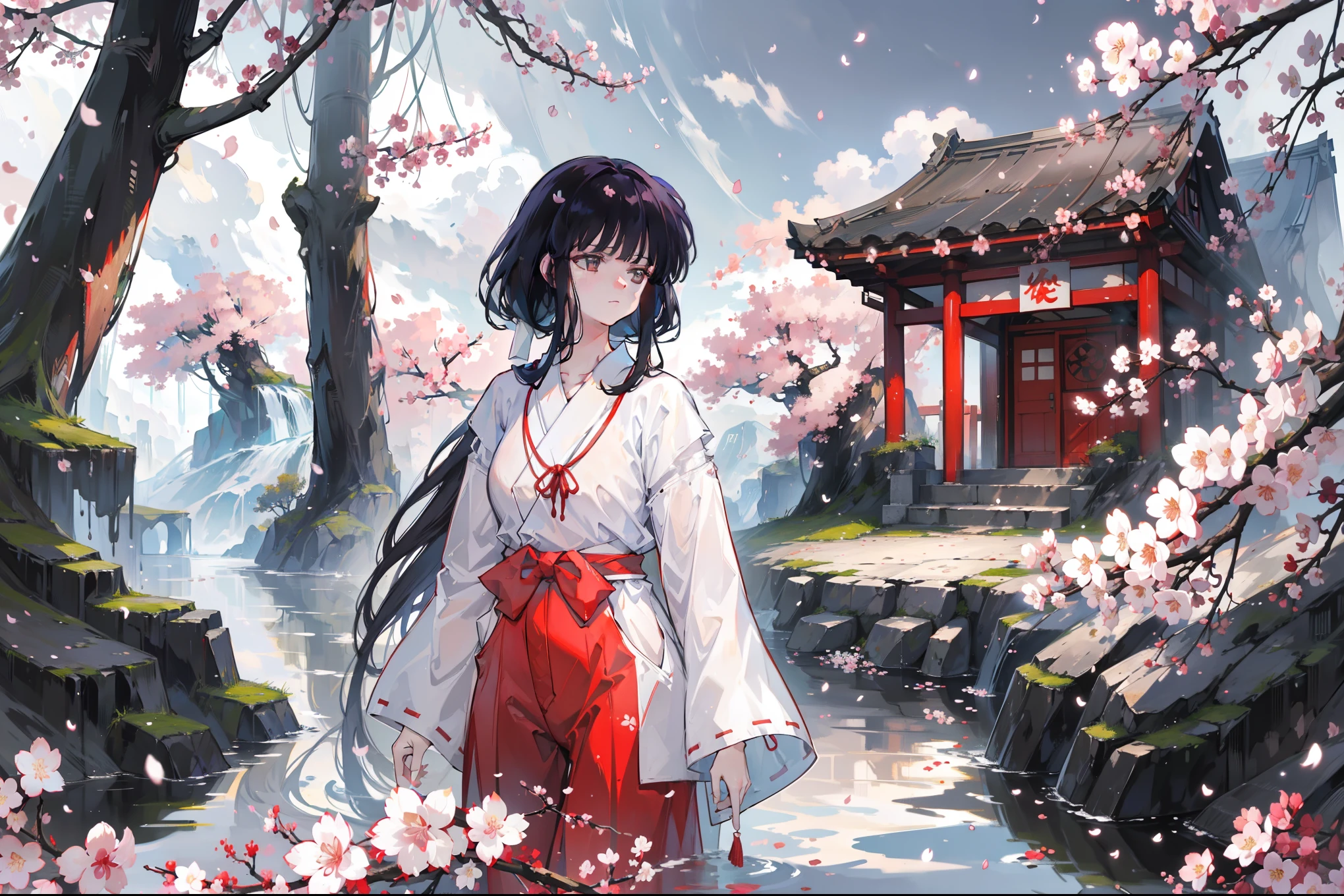 (masterpiece), best quality, expressed, is a perfect face, 1 girl, (alone), Platycodon, skinny, side lock, blunt_hair, Red miko dress, elegant,Japanese traditional clothing,imagine,alone, temple, japanese architecture，best quality，masterpiece，extremely，Eye focus beautiful eyes, anime characters,Miss,alone，cloud, Mountain, rain, (Cherry blossoms:1.3), sky, High resolution, looking at the audience, (32k wallpapers)