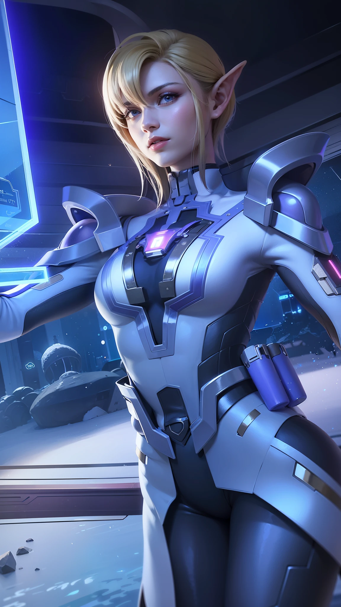 (female:1.2), 8k, ultra hd, ultra detailed texture, hyper realistic, masterpiece, detailed texture, detailed face, detailed skin, detailed lighting, (photorealistic:1.5), best quality, beautiful lighting, cinematic lighting, professional lighting, ultra highres, realistic, detailed hair, real hair, high quality, (realskin:1.5), extremely detailed, finely detail, ultra-detailed, 1girl, solo, floating, (blue eyes), glowing eyes, red lips, v-shapped eyes, closed mouth, angry, colored skin, dark skin, purple skin, nose, pretty, beautiful, make up, evil smile, short hair, blonde hair bangs, large breasts, thigh, pauldrons, black pants, belt, purple coat, mechanical wings, armor shoulder, gloves, eudora \(mobile legends\), depth of field, looking aways, skin tight, amazing pose, glowing electric, lighting, cinematic background, elf ear.