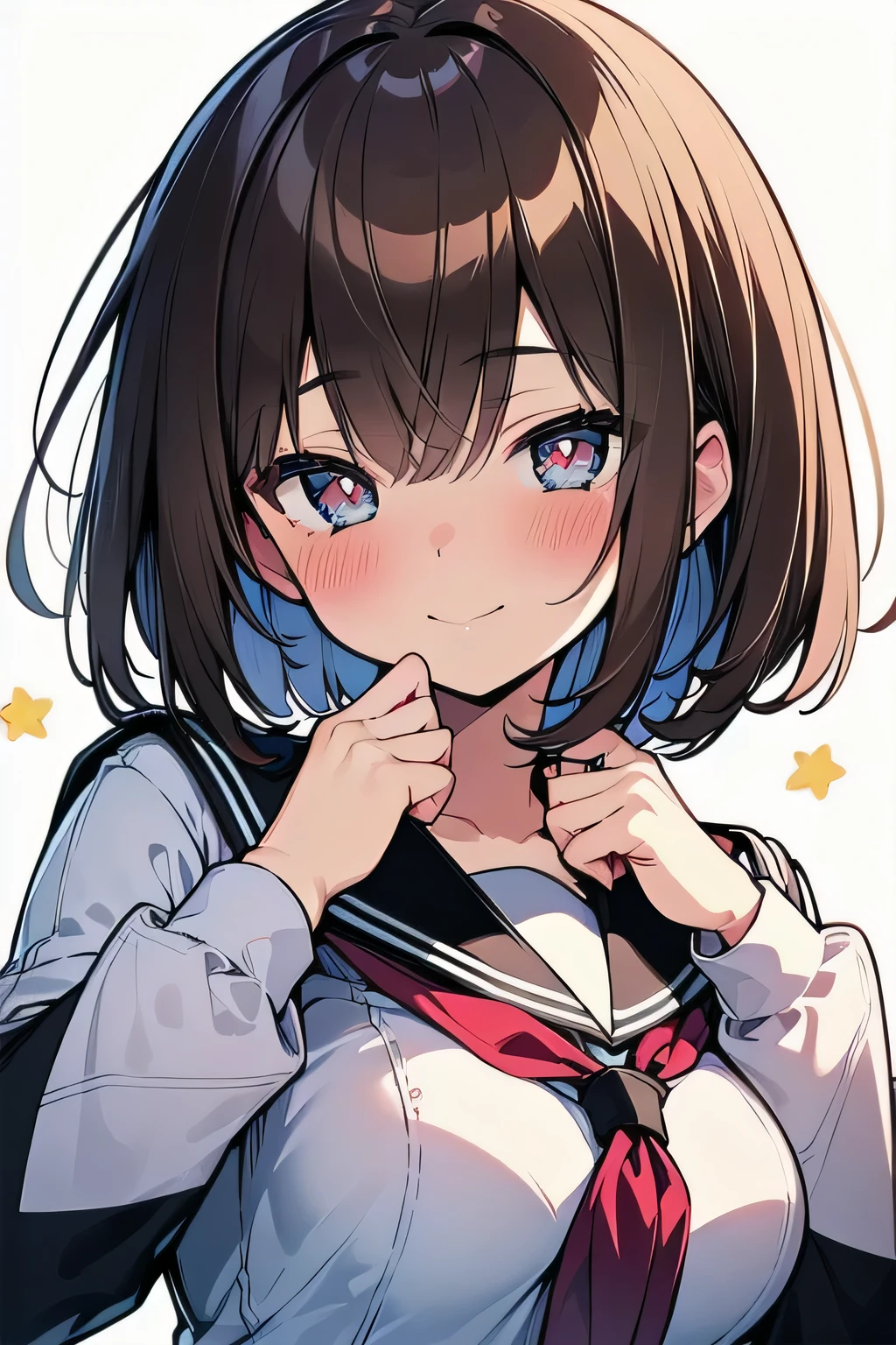 (best quality), (Super detailed), (Best Illustration), ((beautiful woman)), look at viewer, from front, upper body, (long sleeve, white serafuku), ((beautiful medium breasts)), curvy body, ((light smile, star-shaped pupils, closed mouth)), blush, brown hair, (bob cut), messy hair, curvy hair, hairs between eyes, blue eyes, white background