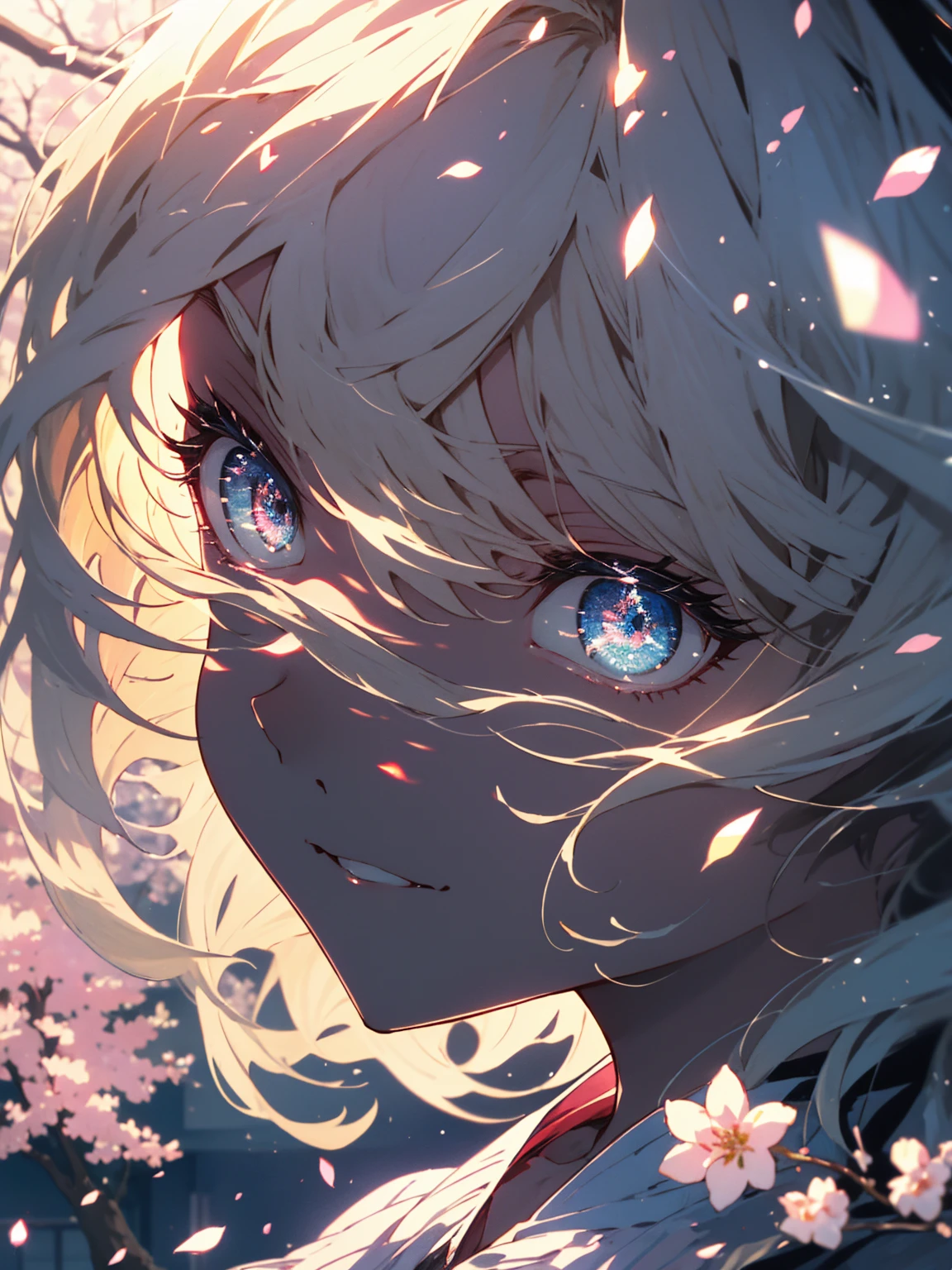 (highest quality、masterpiece、High resolution、be familiar with)、(shining eyes、be familiar with美しい顔)、night background:1.4、8K、(1 girl)、(smile)、((looking at the cherry tree above my head))、Cityscape lined with cherry blossom trees:1.2、light up、bright theme、Beautifully falling cherry blossom petals、(beautiful anime)、(Shining eyes、detailed beautiful face)、Cherry blossoms at night、starry sky、(whole body)、dynamic angle